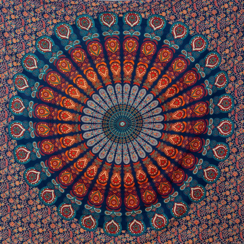 MOMOMUS Wandteppich Mandala - Mehrzweck, Bunt, 100% Baumwolle - Ideal als Wandteppich Aesthetic, Wandtuch Boho, Indischer Wandbehang aus Stoff oder Wall Tapestry - Blau und Rot, 210x230 cm