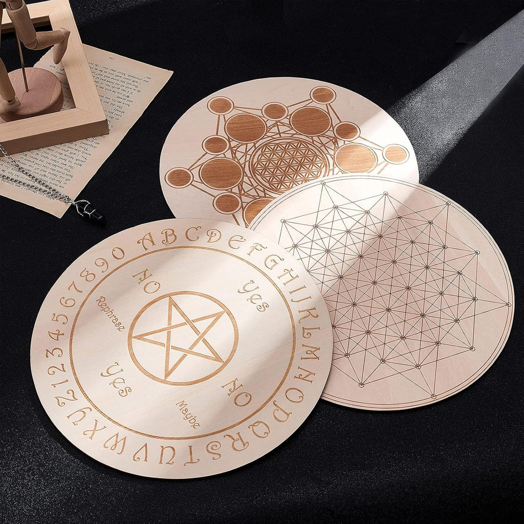 GORGECRAFT Pattern Texts Pendulum Board Wooden Fortune Telling Metaphysics Message Board Wood Carving Board Fortune Telling Witchcraft Altar Coaster Environmentally Friendly Scald-Proof Flat Round