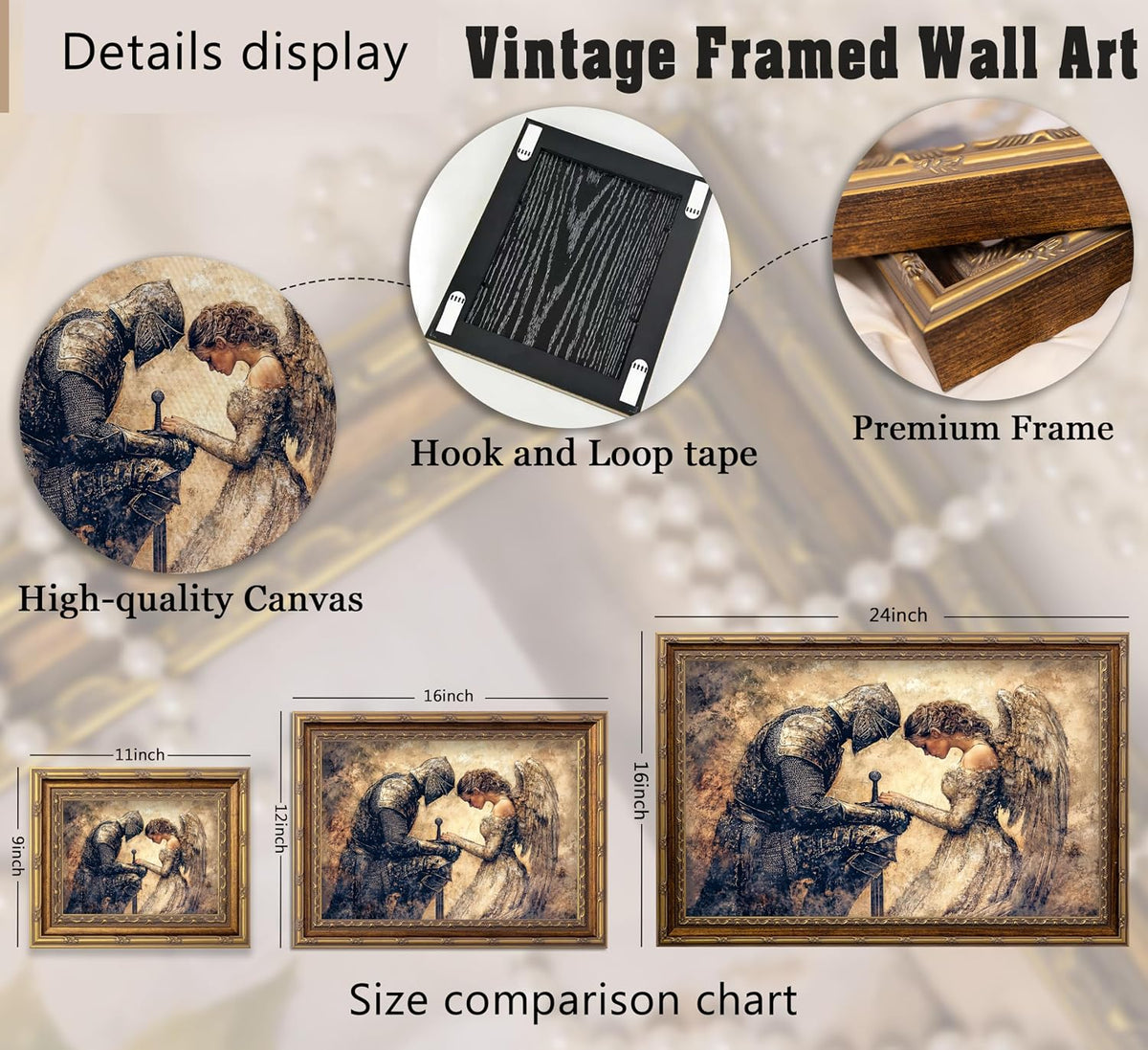 Vintage Gold Framed Medieval Knight Wall Art, Retro Fantasy Warrior Angel Oil Painting Canvas Print, Antique Gothic Romantic Wall Decor, Dark Academia Poster Artwork for Bedroom Living Room