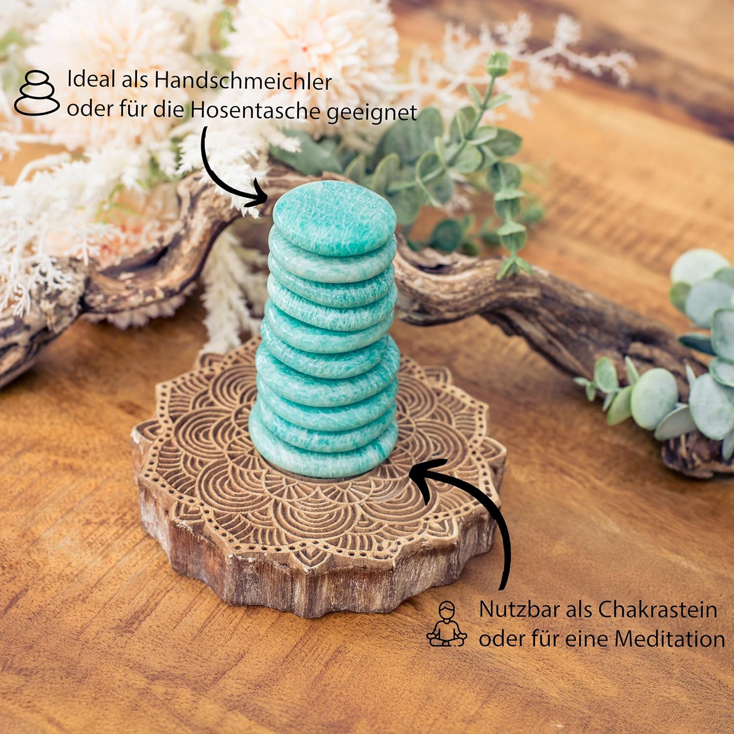 Amazonite Gemstone Disc Stone 3-5 cm + Gemstone Card | Worry Stone Pocket Stone Massage Stone Lebensquelle Plus