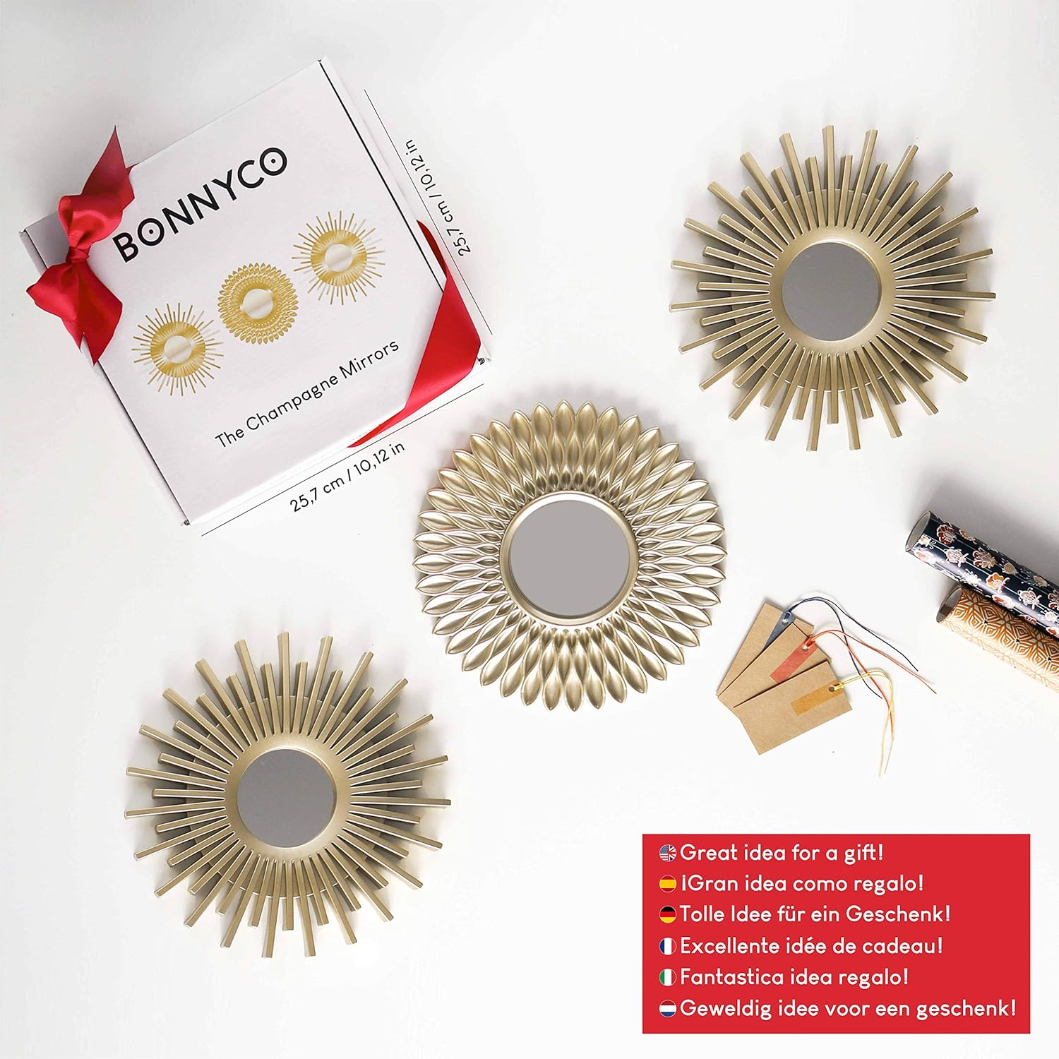 BONNYCO Spiegel Rund Gold 3 Stück Spiegel Klein Wanddeko Wohnzimmer Haus Schlafzimmer | Wandspiegel zum Aufhängen Deko | Dekorative Wandspiegel Vintage,Originelles Geschenk für Frauen Mama