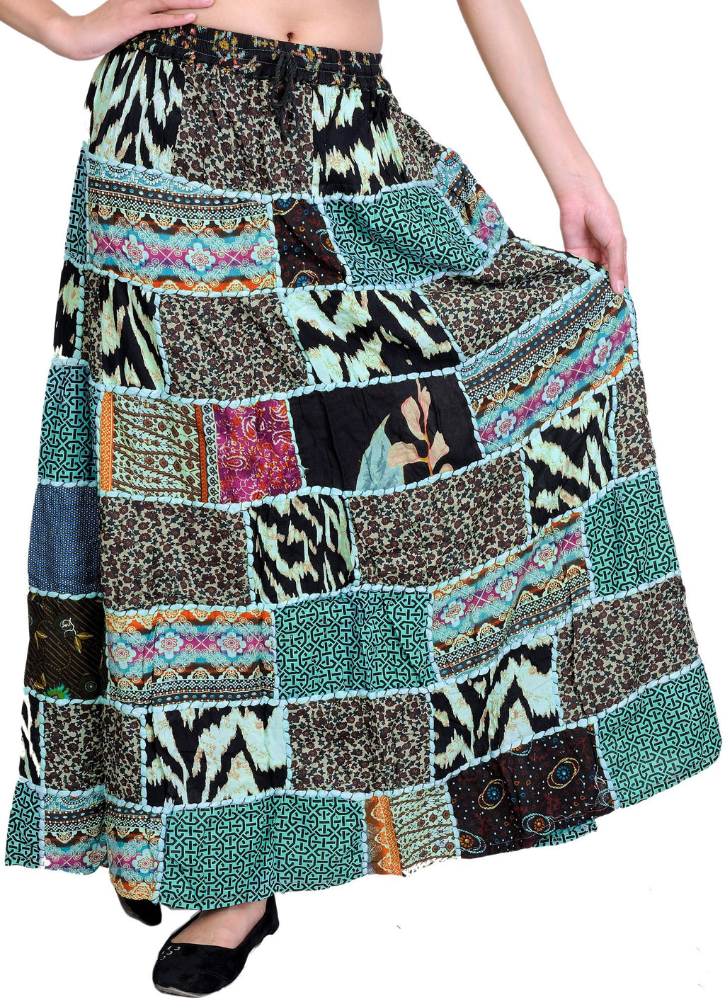 Exotic India Long Printed Dori Skirt from Gujarat with Patch Work - Rayon
