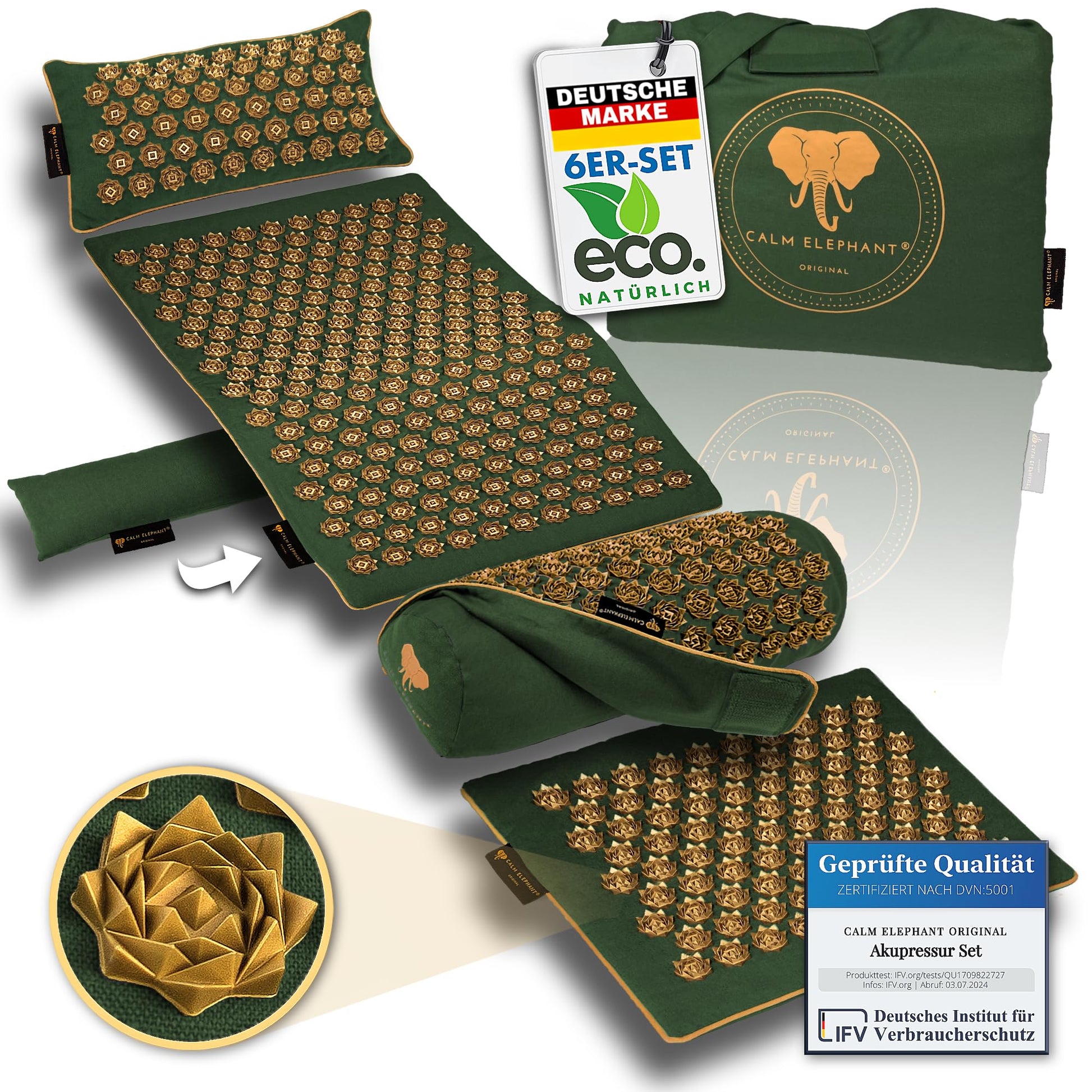 CALM ELEPHANT ORIGINAL® Akupressurmatte mit Kissen XXL Set GENUINE 5-teilig, Massagematte Rücken, Verspannungen lösen, Akupunktur Matte, Kissen mit Wärmefunktion, Lendenkissen, Fußmatte & Tasche, grau