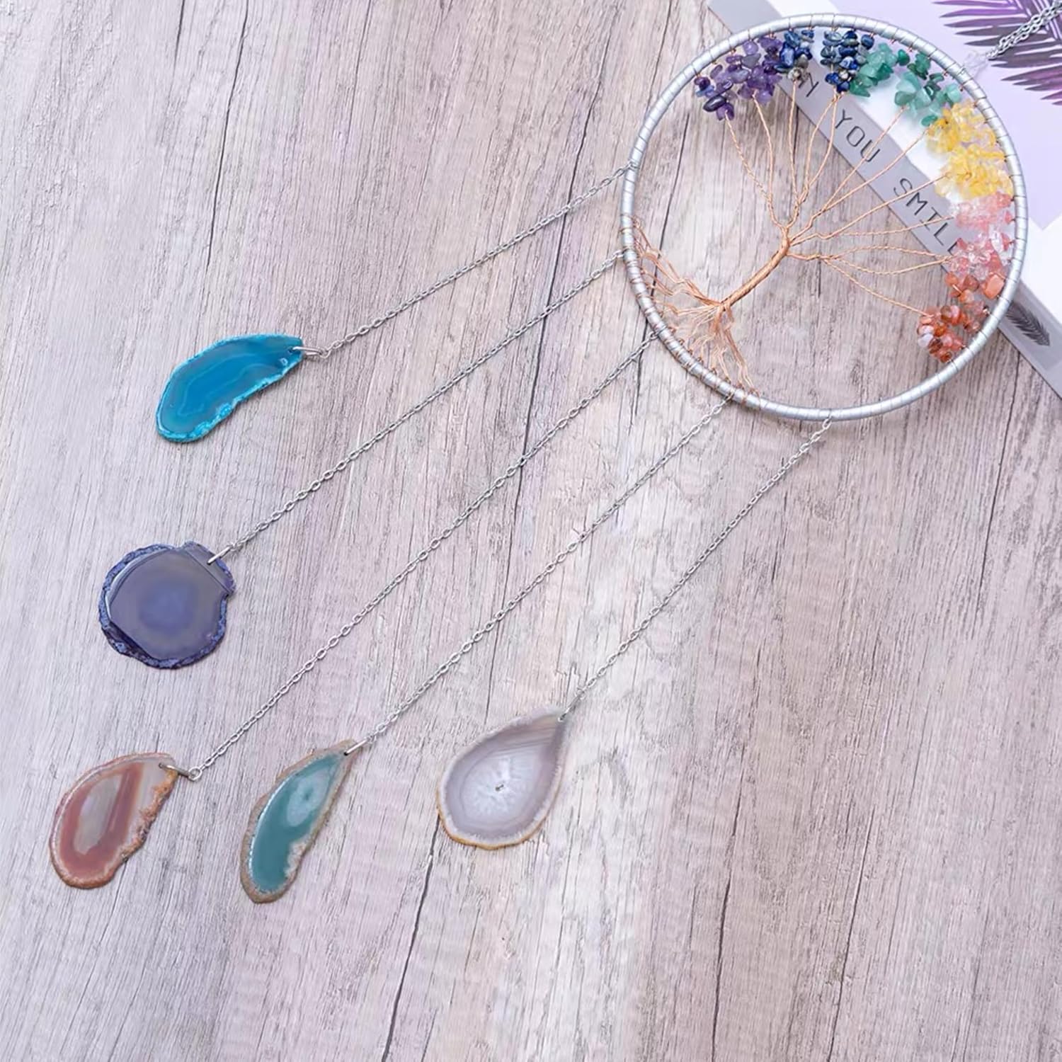 Crystals Tree of Life Dream Catcher, Natural Gemstone Agate Chakra Sign, Wall Hanging, Home Decoration for Meditation, Yoga Wall Art, Mandala Ornaments for Bedroom (7 Chakra Crystals)