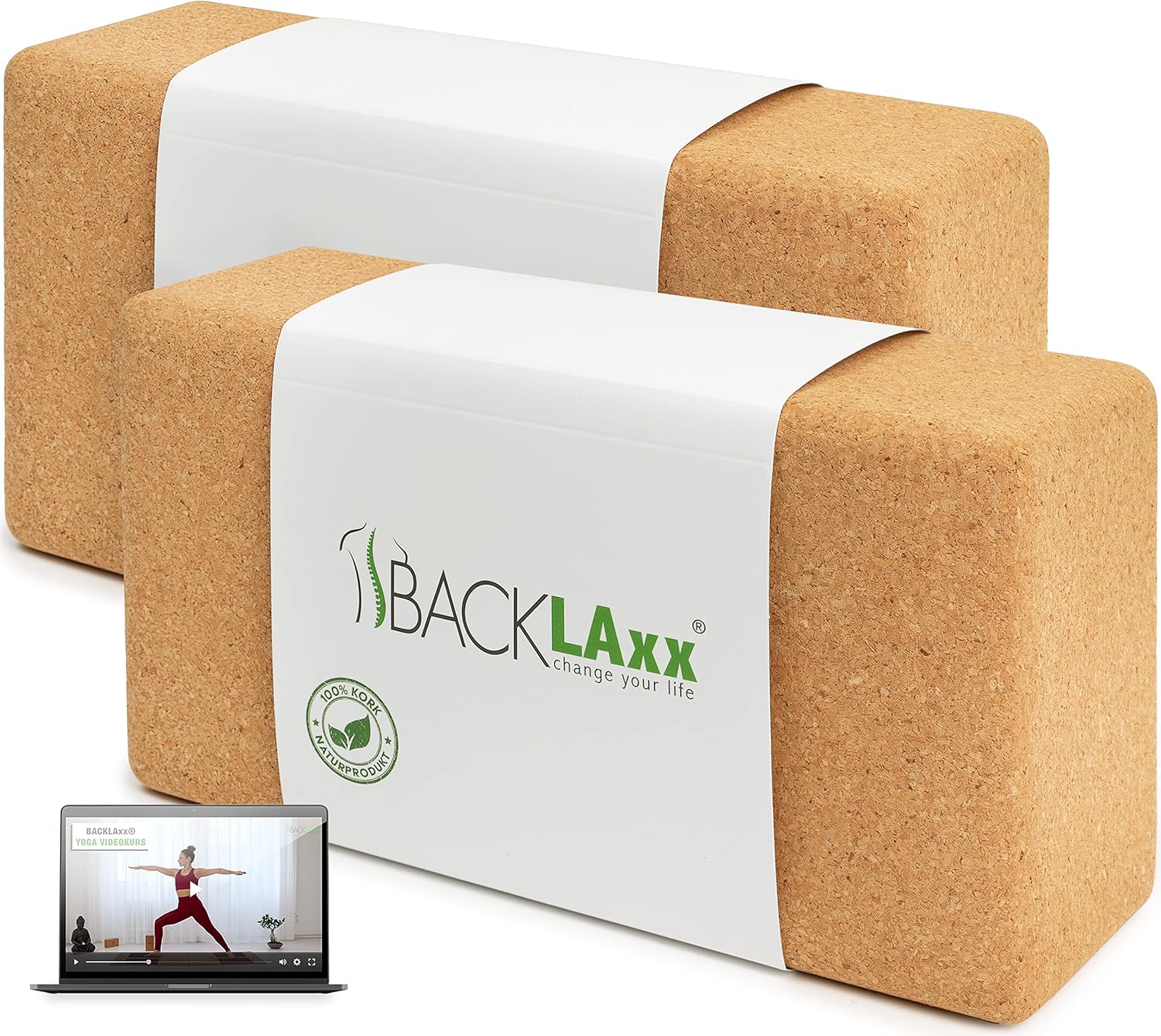BACKLAXX® Yoga Block 2er Set aus Kork - 100% nachhaltiger Yogablock, perfektes Yoga Zubehör und Pilates Zubehör, 2 Yoga Blöcke als Yoga Set inkl. Anwendungsvideos, Yogablock 2er Set, Yogablöcke