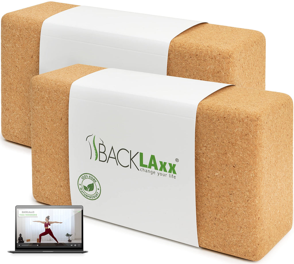 BACKLAXX® Yoga Block 2er Set aus Kork - 100% nachhaltiger Yogablock, perfektes Yoga Zubehör und Pilates Zubehör, 2 Yoga Blöcke als Yoga Set inkl. Anwendungsvideos, Yogablock 2er Set, Yogablöcke