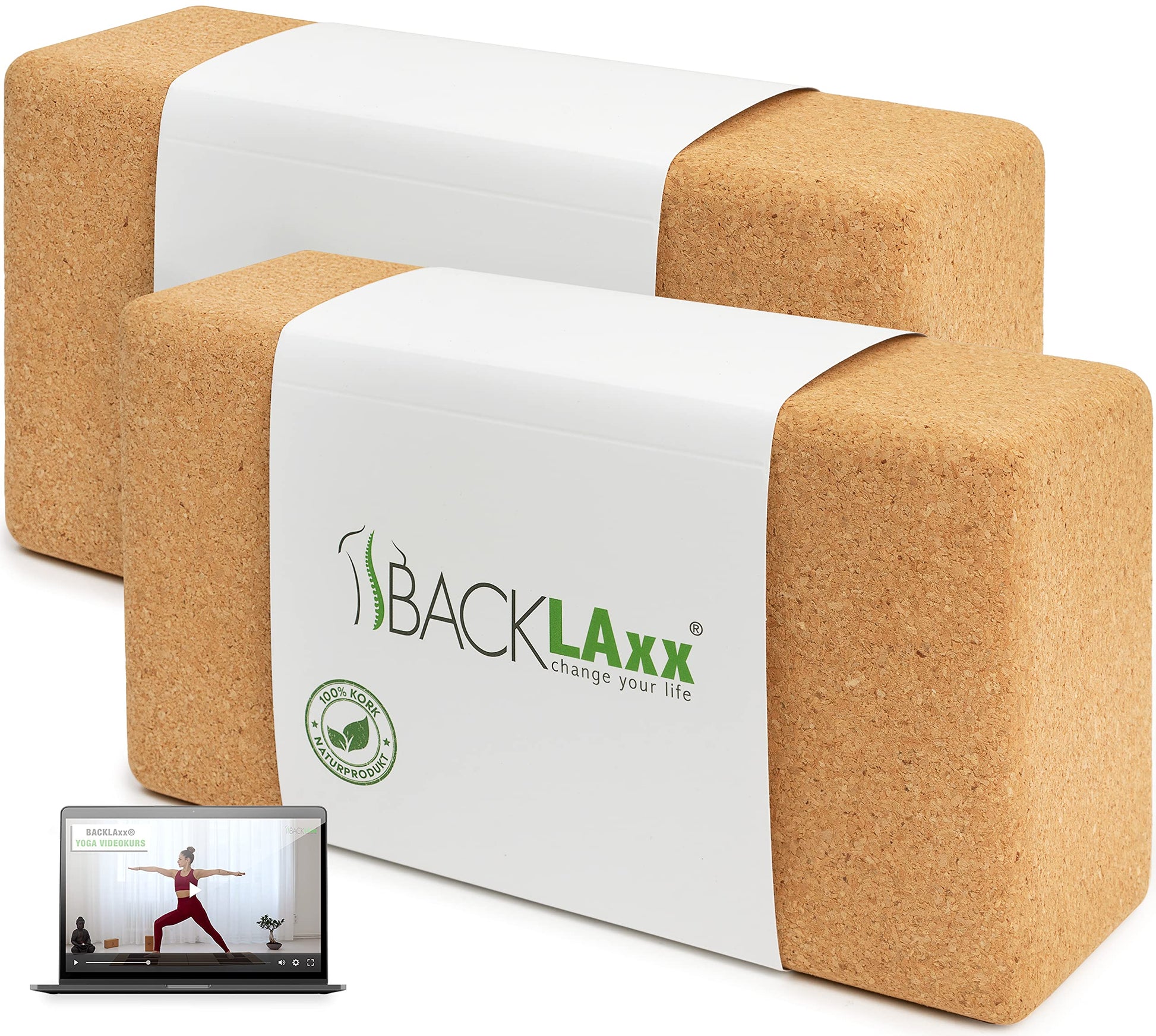 BACKLAXX® Yoga Block 2er Set aus Kork - 100% nachhaltiger Yogablock, perfektes Yoga Zubehör und Pilates Zubehör, 2 Yoga Blöcke als Yoga Set inkl. Anwendungsvideos, Yogablock 2er Set, Yogablöcke