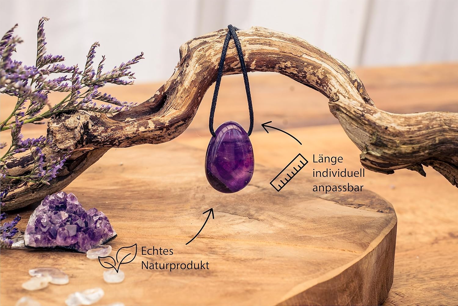 Lebensquelle Plus Amethyst Tropfenanhänger | Gebohrter Trommelstein Tropfen Anhänger mit Baumwollband | Hochwertiger Edelsteinanhänger