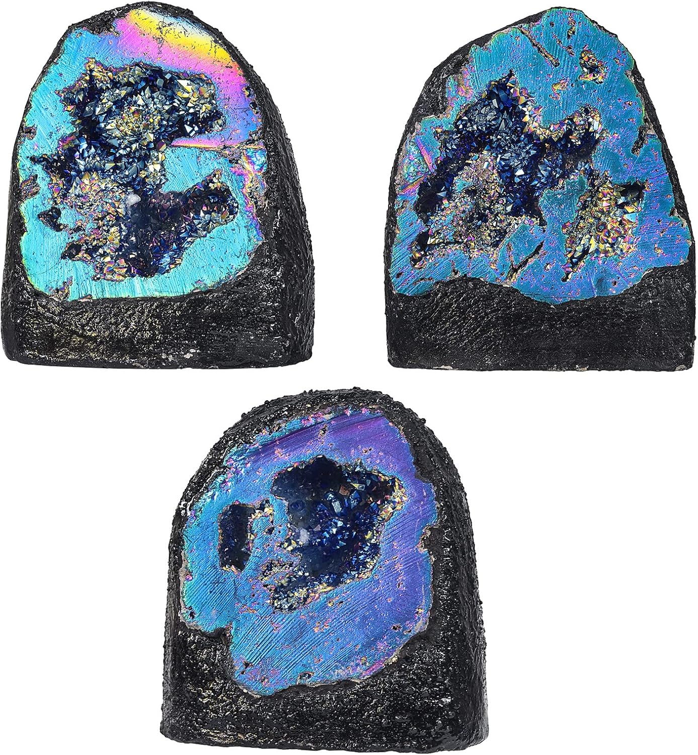 mookaitedecor Angel Aura Quartz Geode Stone Titanium Coated Natural Rock Crystal Druzy for Reiki Healing Home Decoration 200-370 g, Multicoloured