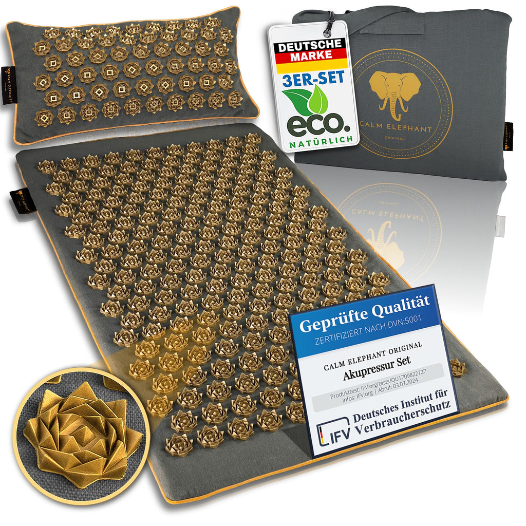 CALM ELEPHANT ORIGINAL® Akupressurmatte mit Kissen XXL Set GENUINE 5-teilig, Massagematte Rücken, Verspannungen lösen, Akupunktur Matte, Kissen mit Wärmefunktion, Lendenkissen, Fußmatte & Tasche, grau