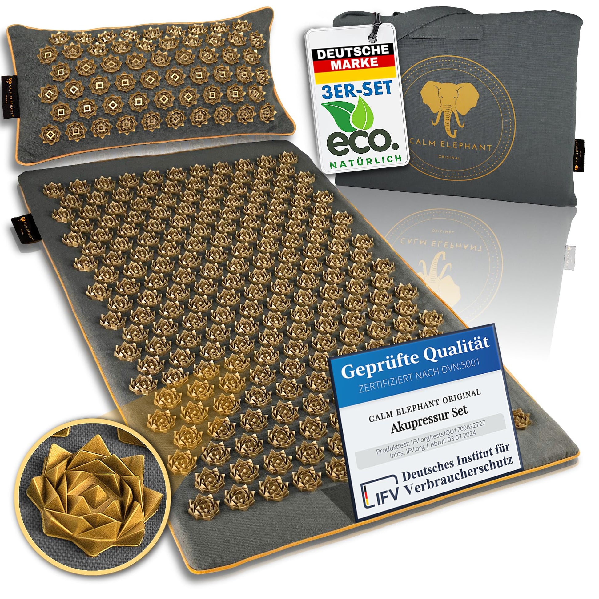 CALM ELEPHANT ORIGINAL® Akupressurmatte mit Kissen XXL Set GENUINE 5-teilig, Massagematte Rücken, Verspannungen lösen, Akupunktur Matte, Kissen mit Wärmefunktion, Lendenkissen, Fußmatte & Tasche, grau