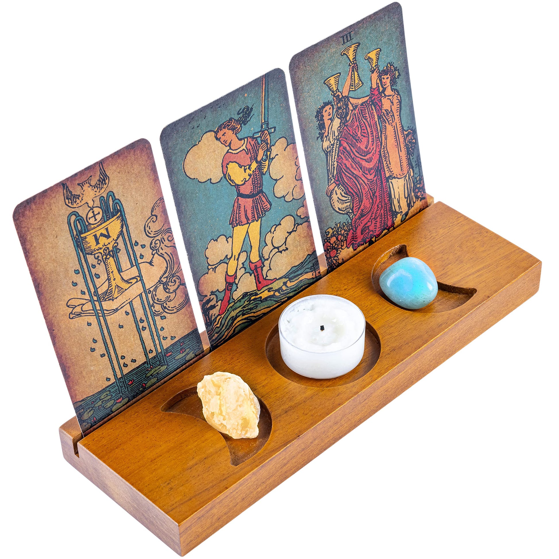 Curawood Tarot Card Holder Box for Immersive Readings - 3 Tarot Card Stand & Crystal Holder - Moon Phase Design Tarot Display Deck Holder & Crystal Tray - Witchcraft Decor - Wiccan Altar Supplies