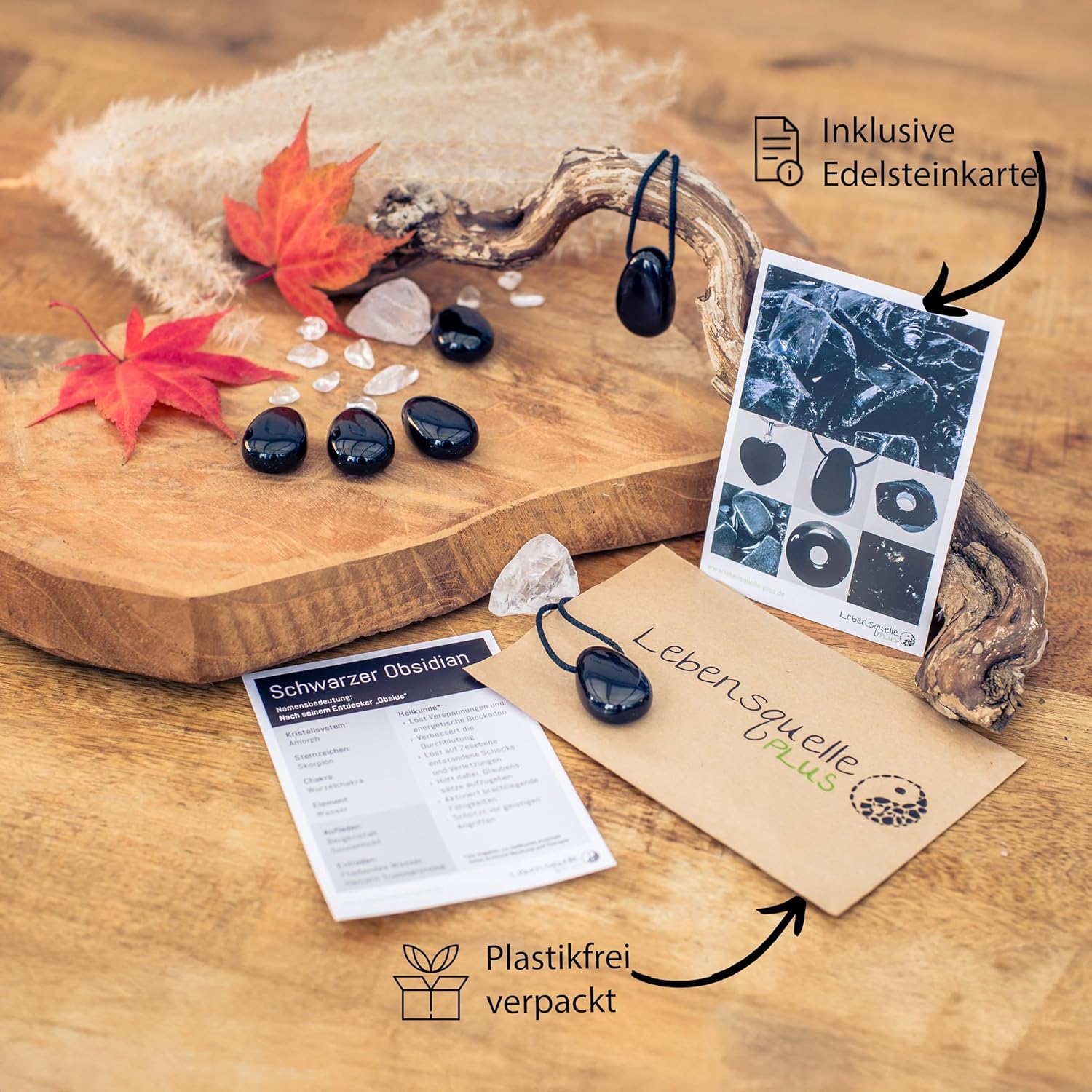 Lebensquelle Plus Schwarzer Obsidian Tropfenanhänger | Gebohrter Trommelstein Anhänger mit Baumwollband | Hochwertiger Edelsteinanhänger