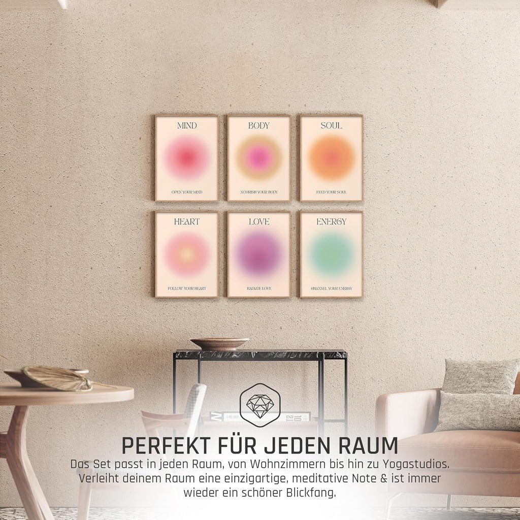 Mind Body Soul Poster Set Achtsamkeit Aura Farben Yoga Wanddeko Inspirierende Bilder Mindfulness Schlafzimmer Deko Wohnzimmer Dekoration Homeoffice Achtsamkeitsposter (6x A4 | Ohne Rahmen)