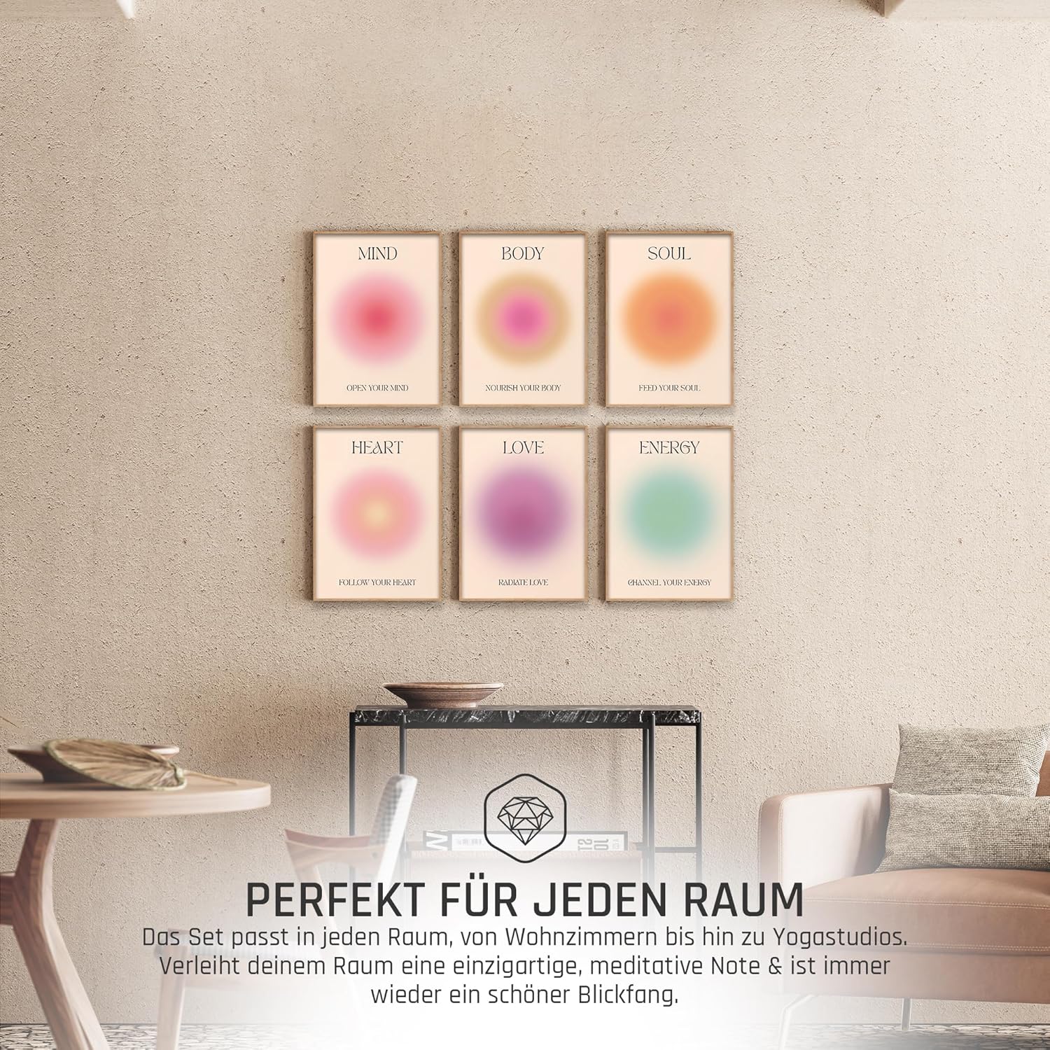 Mind Body Soul Poster Set Achtsamkeit Aura Farben Yoga Wanddeko Inspirierende Bilder Mindfulness Schlafzimmer Deko Wohnzimmer Dekoration Homeoffice Achtsamkeitsposter (6x A4 | Ohne Rahmen)