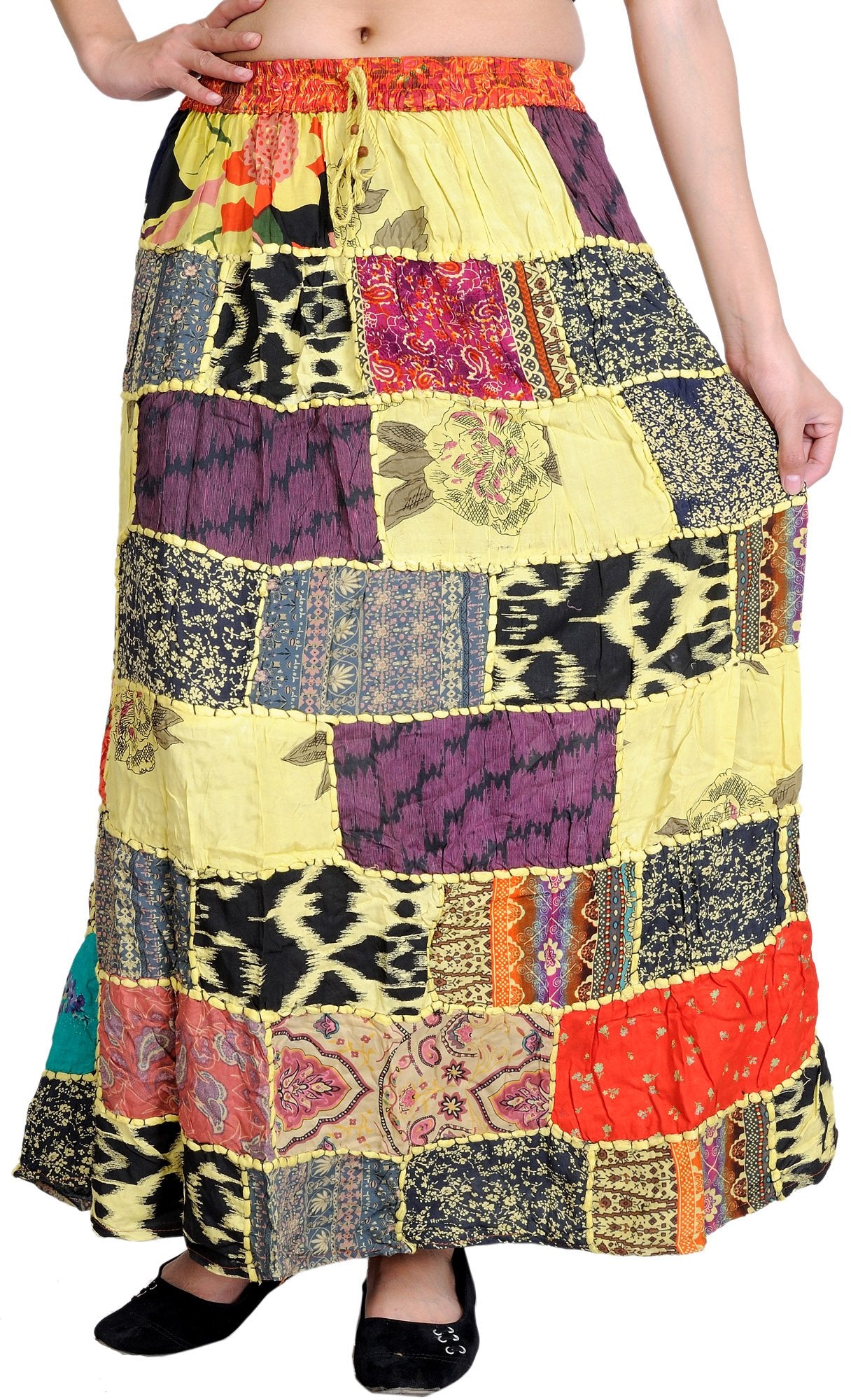 Exotic India Long Printed Dori Skirt from Gujarat with Patch Work - Rayon