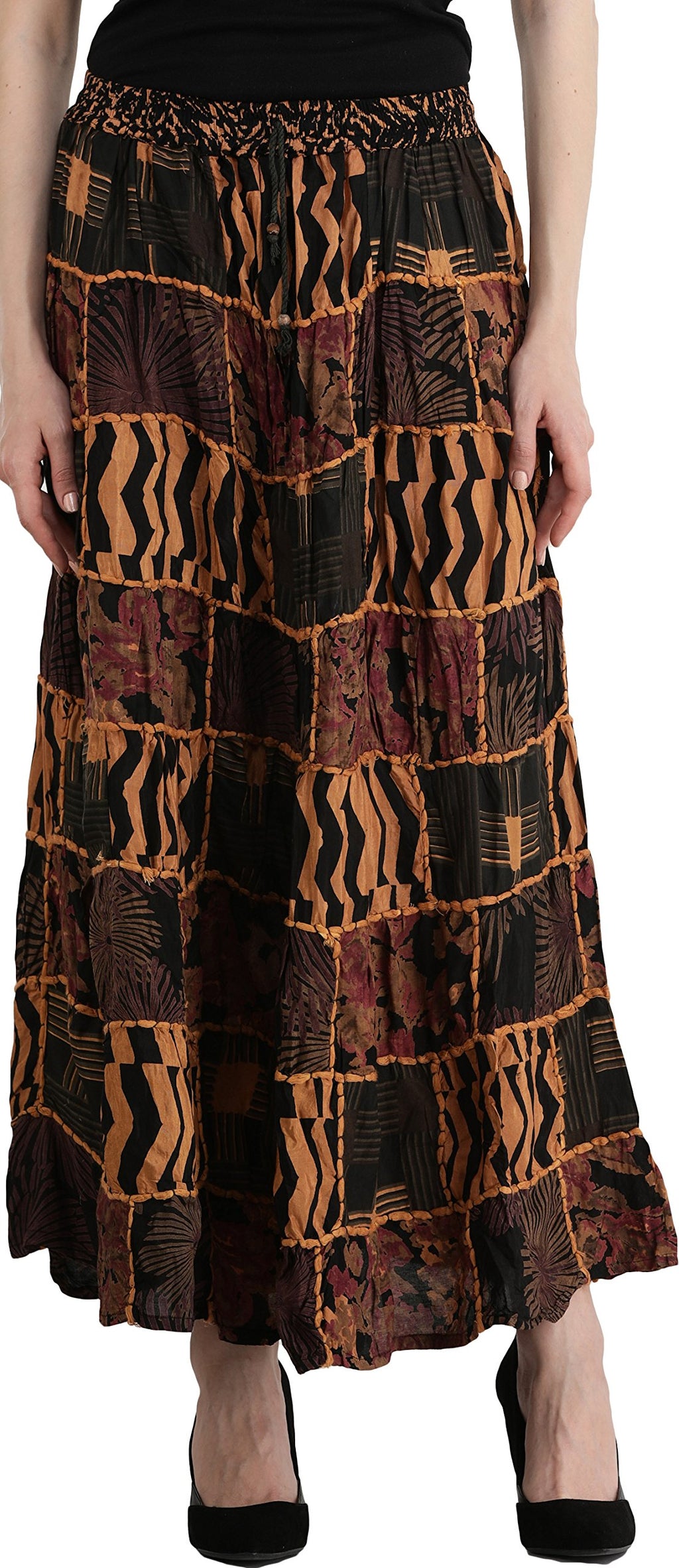 Exotic India Long Printed Dori Skirt from Gujarat with Patch Work - Rayon