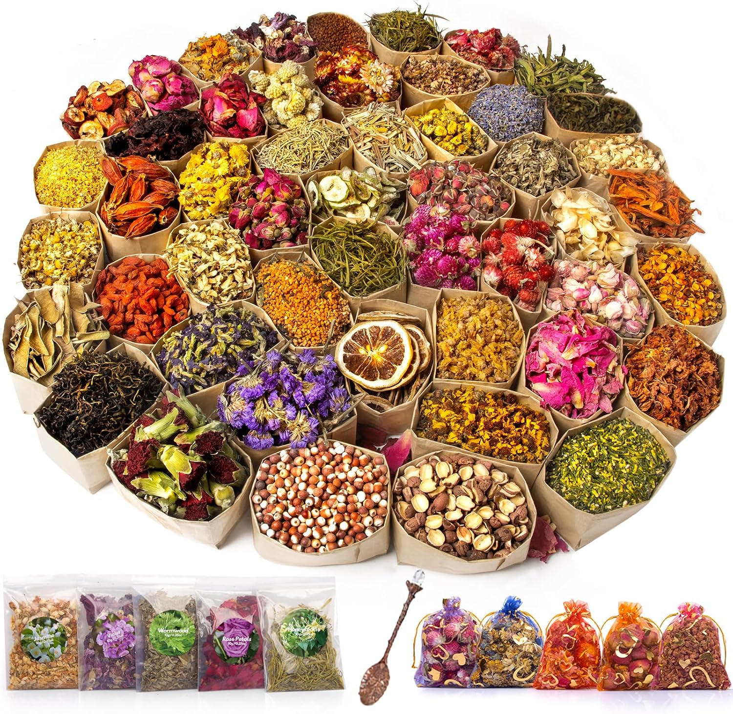 Dried Herbs and Flowers for Candle Soap Making, Lavender Rose for DIY Craft | 50 Bags Witchcraft Herbs for Altar Decor, Pagan Ritual, Bulk Botanical Jasmine Peony Rosemary Ideal for Resin Pressed Flowers