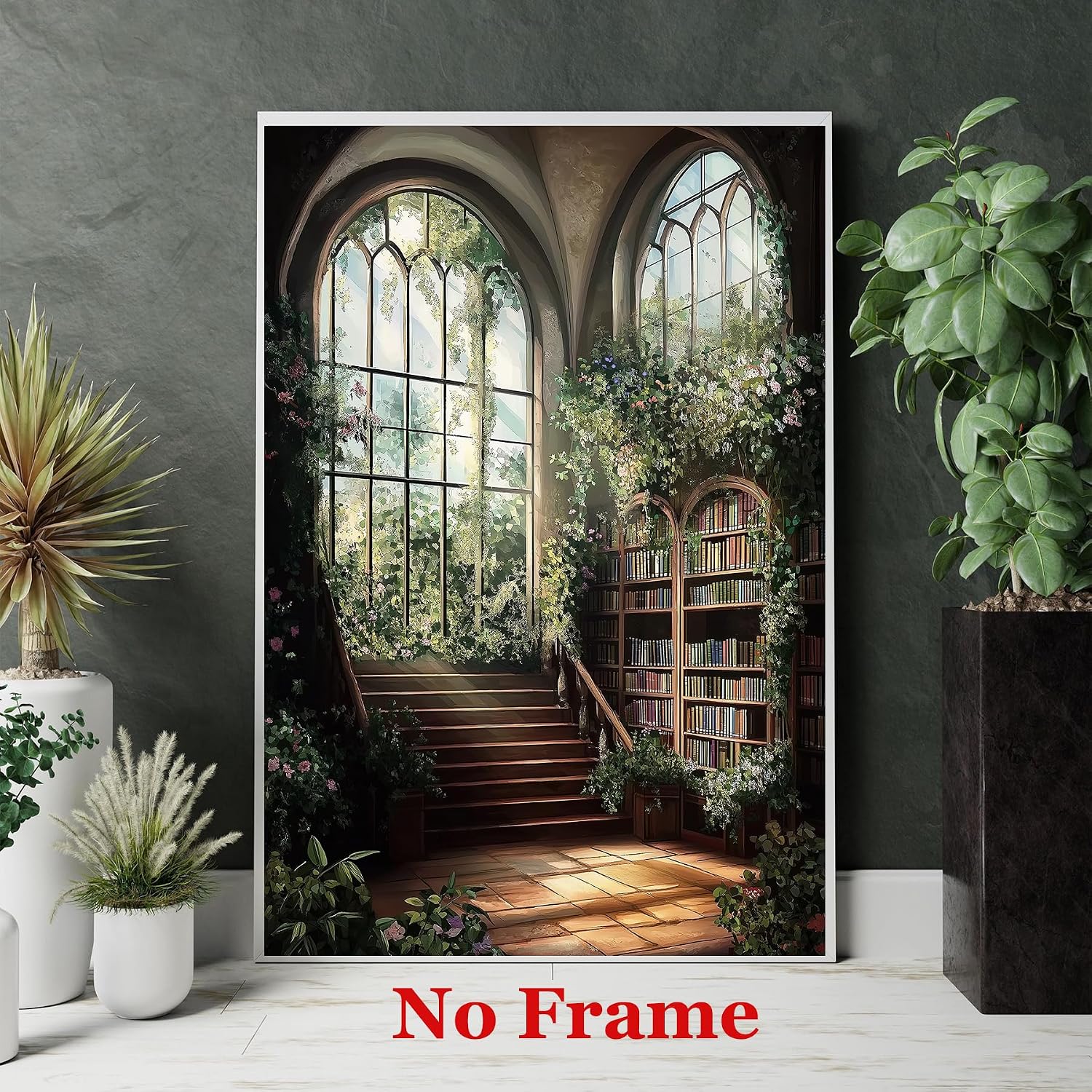 Gothic Library Wall Art Dark Academia Books Posters Moody Botanical Wildflower Wall Art Retro Green Paintings Victorian Library Prints Aesthetic Bookish Pictures for Bookstore Decor 16x24in No Frame
