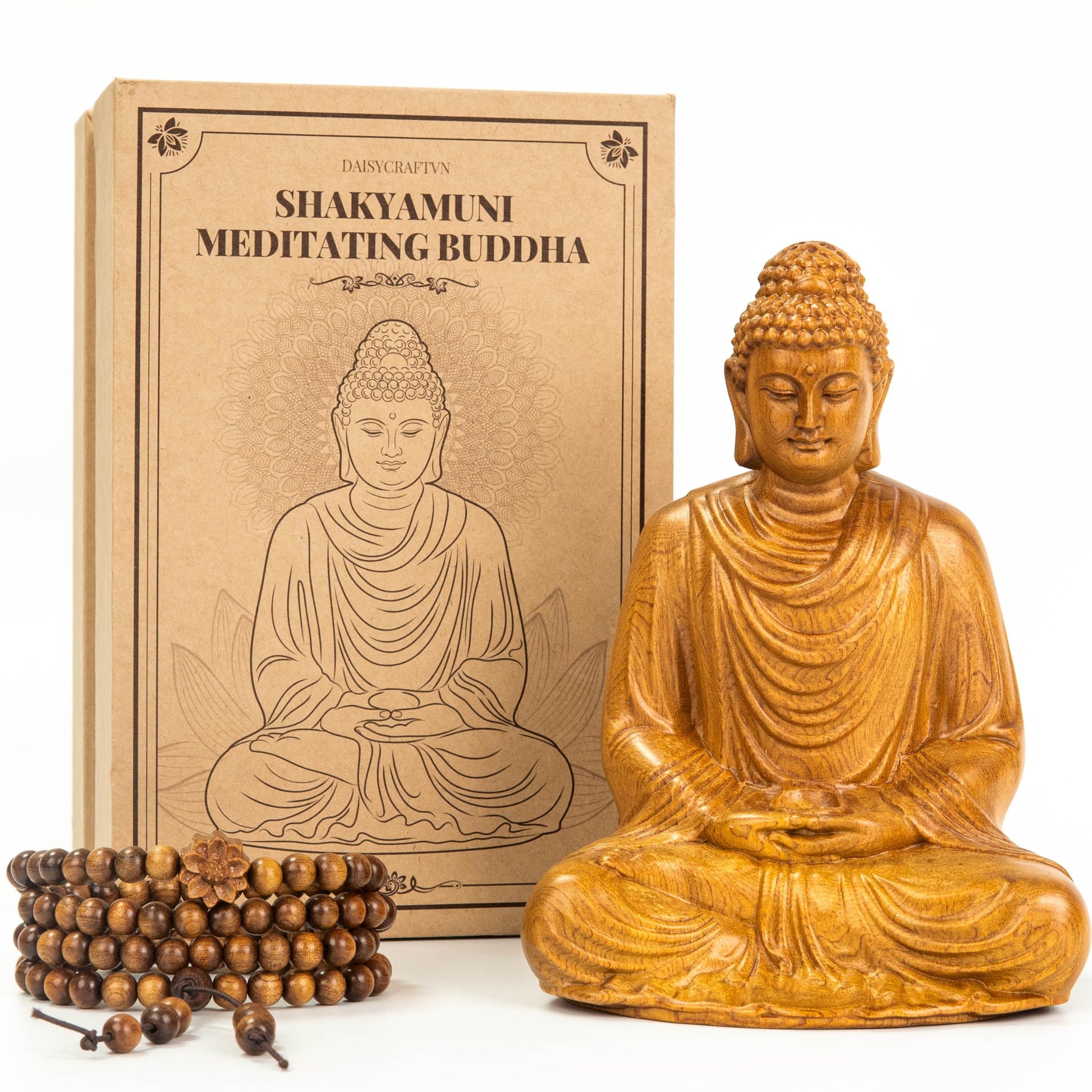 Wooden Buddha Statue with Gift Box and 108 Bead Mala - Hand Carved Shakyamuni Buddha 15cm/6in for Meditation, Altar, Zen Decor - Buddhist Spiritual Gift Set for Peace and Mindfulness
