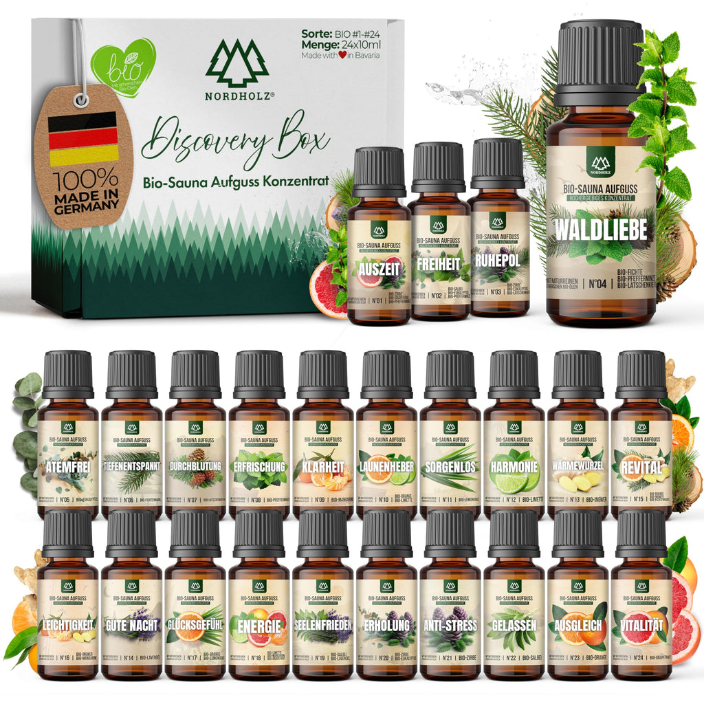 NORDHOLZ® Saunaaufguss Discovery Box 24x15ml [ #1-#24 NATURREINE ÄTHERISCHE ÖLE] Sauna Aufgussmittel - Sauna Aufguss aus Franken - Sauna Zubehör