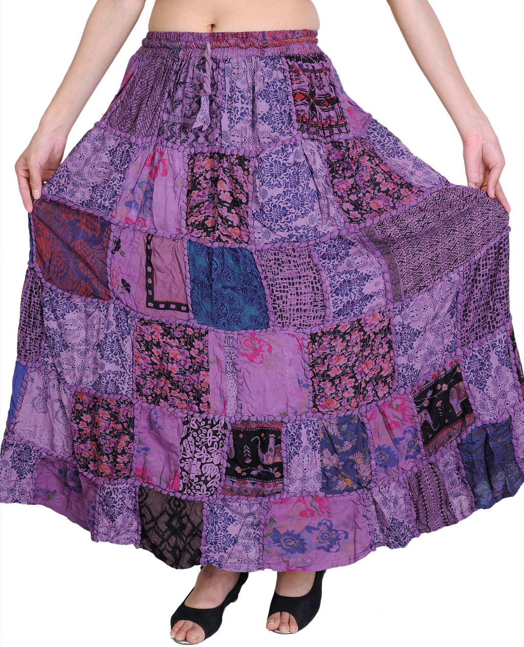 Exotic India Long Printed Dori Skirt from Gujarat with Patch Work - Rayon