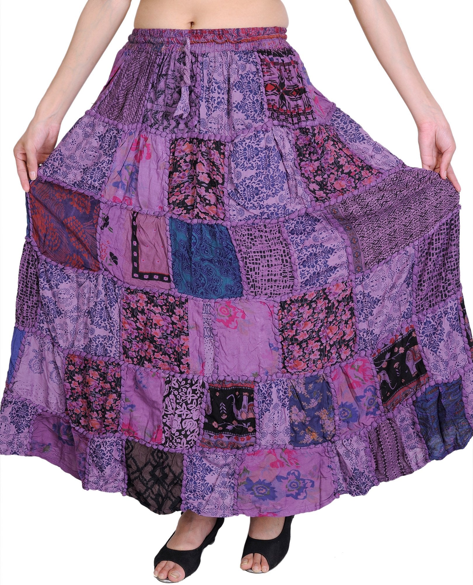 Exotic India Long Printed Dori Skirt from Gujarat with Patch Work - Rayon
