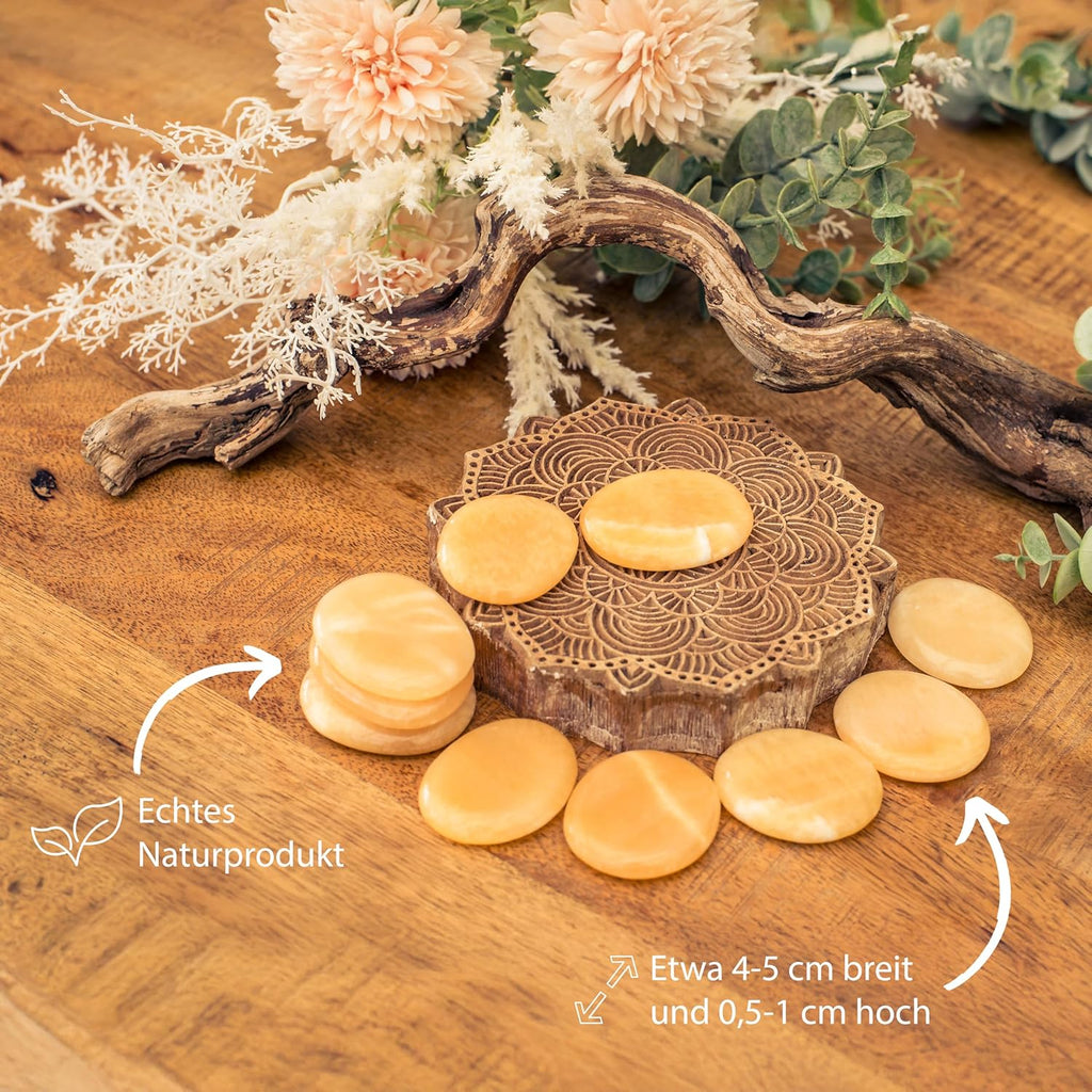 Orange Calcite Gemstone Disc Stone 3-5 cm + Gemstone Card | Worry Stone Pocket Stone Massage Stone | Lebensquelle Plus