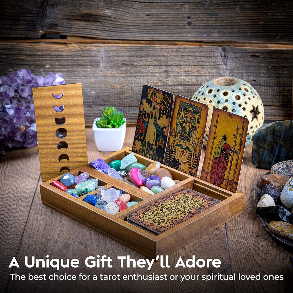 Curawood Tarot Card Holder Box for Immersive Readings - 3 Tarot Card Stand & Crystal Holder - Moon Phase Design Tarot Display Deck Holder & Crystal Tray - Witchcraft Decor - Wiccan Altar Supplies