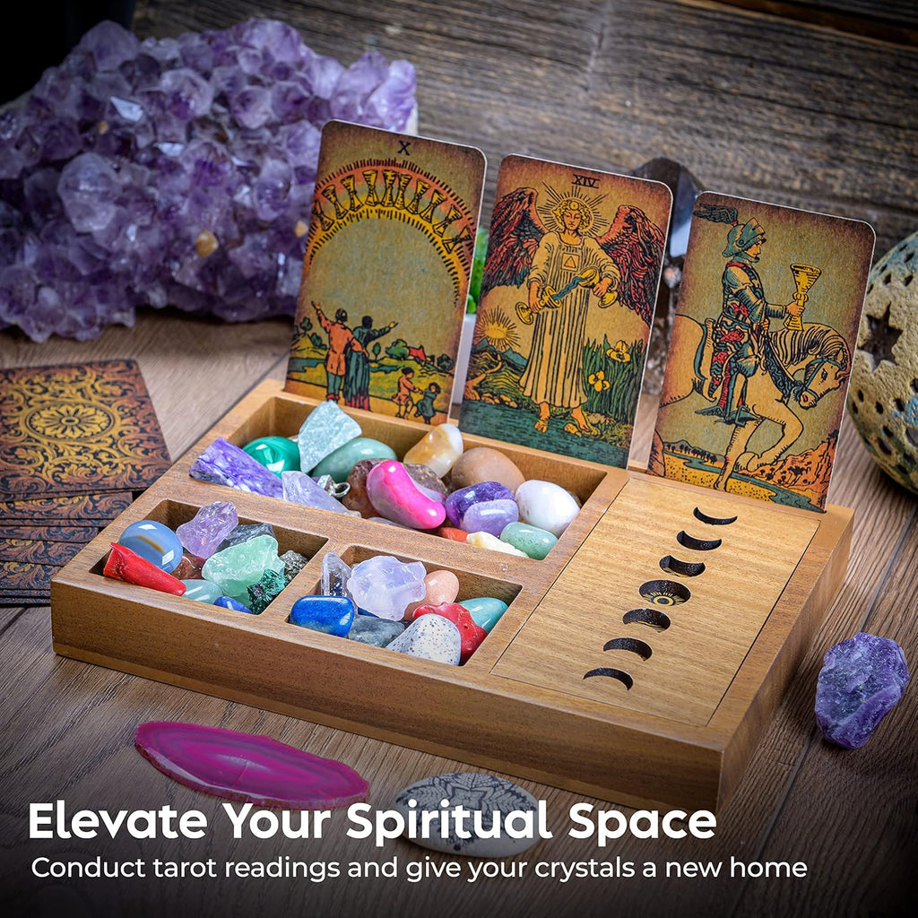 Curawood Tarot Card Holder Box for Immersive Readings - 3 Tarot Card Stand & Crystal Holder - Moon Phase Design Tarot Display Deck Holder & Crystal Tray - Witchcraft Decor - Wiccan Altar Supplies
