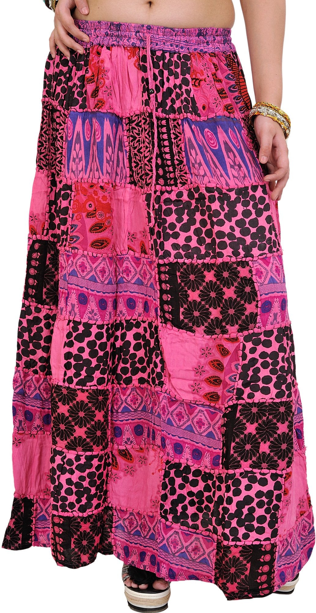 Exotic India Long Printed Dori Skirt from Gujarat with Patch Work - Rayon