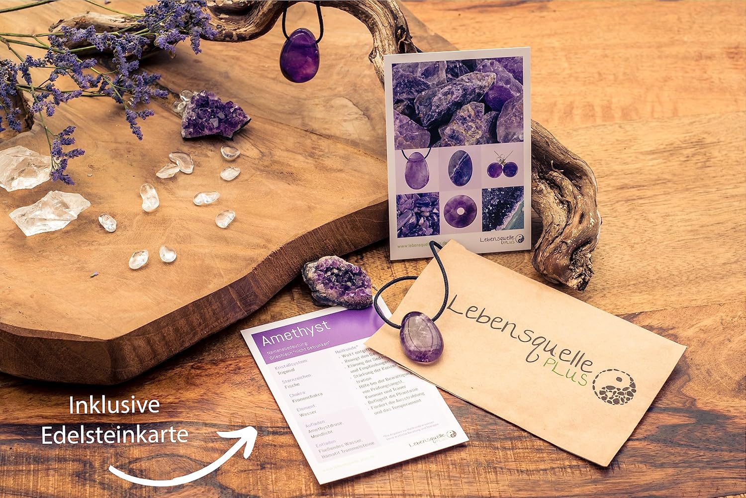 Lebensquelle Plus Amethyst Tropfenanhänger | Gebohrter Trommelstein Tropfen Anhänger mit Baumwollband | Hochwertiger Edelsteinanhänger