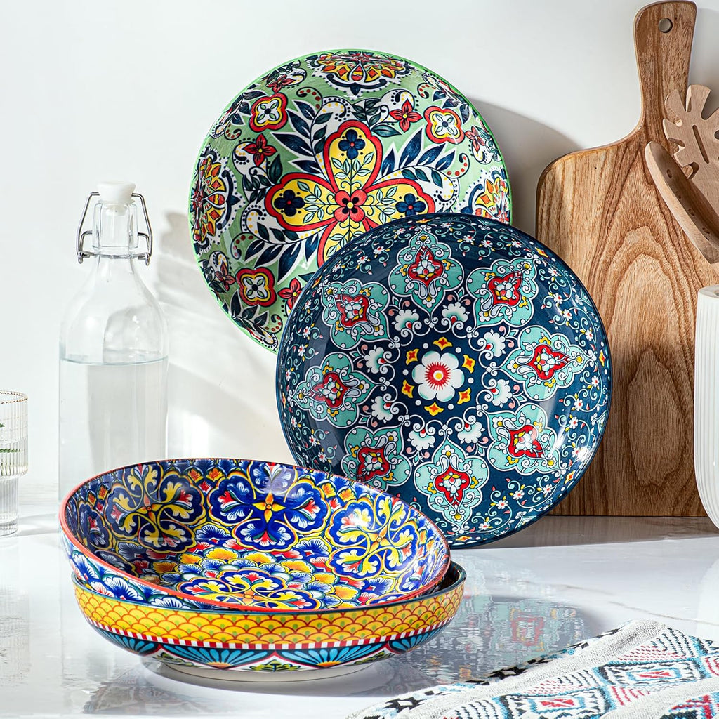 HENXFEN LEAD Salatschüsseln Porzellan, Suppenteller Pastateller Pastaschüssel, Große Servierschalen für Pasta, Nudeln, Salat, Suppe usw. Bunte, 4er Pack - Bohemian Style