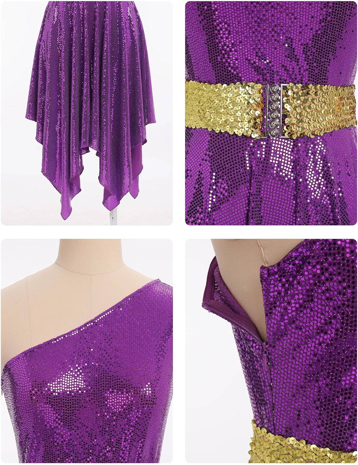 IBAKOM Women Sparkly Praise Dance Tunic Dress One Shoulder Gltter Sequins Worship Overlay Adult Church Liturgical Dancewear