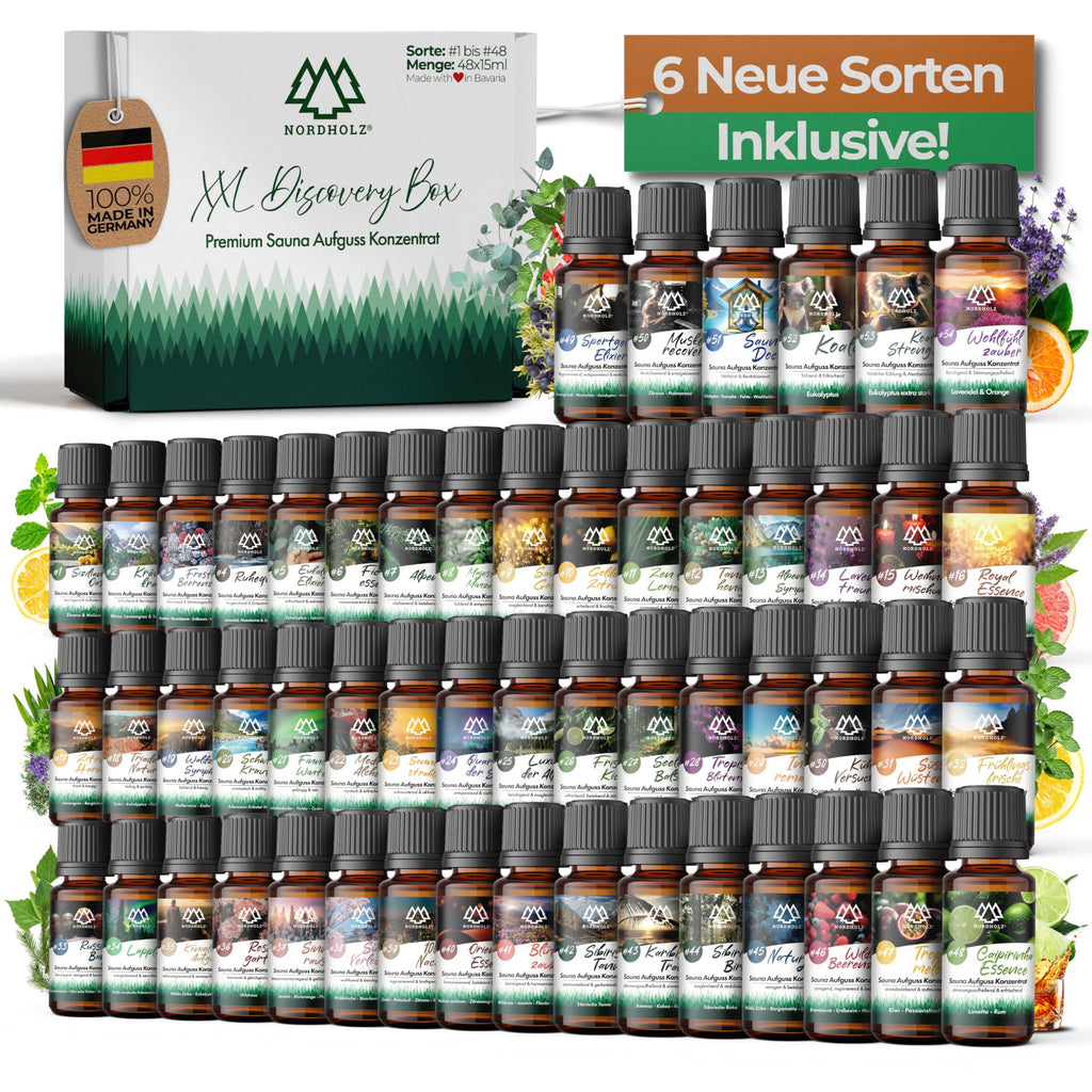 NORDHOLZ® Saunaaufguss Discovery Box 24x15ml [ #1-#24 NATURREINE ÄTHERISCHE ÖLE] Sauna Aufgussmittel - Sauna Aufguss aus Franken - Sauna Zubehör