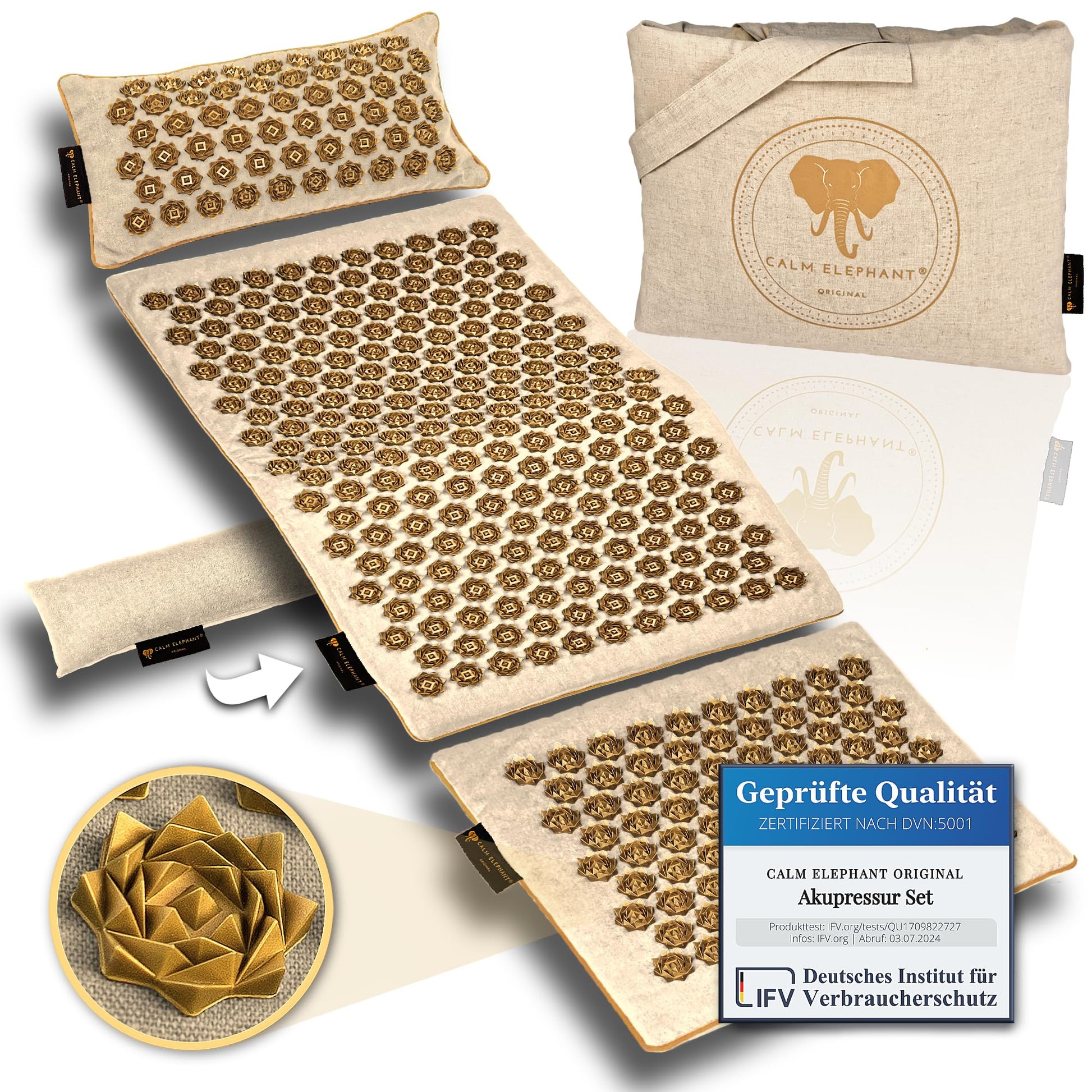CALM ELEPHANT ORIGINAL® Akupressurmatte mit Kissen XXL Set GENUINE 5-teilig, Massagematte Rücken, Verspannungen lösen, Akupunktur Matte, Kissen mit Wärmefunktion, Lendenkissen, Fußmatte & Tasche, grau