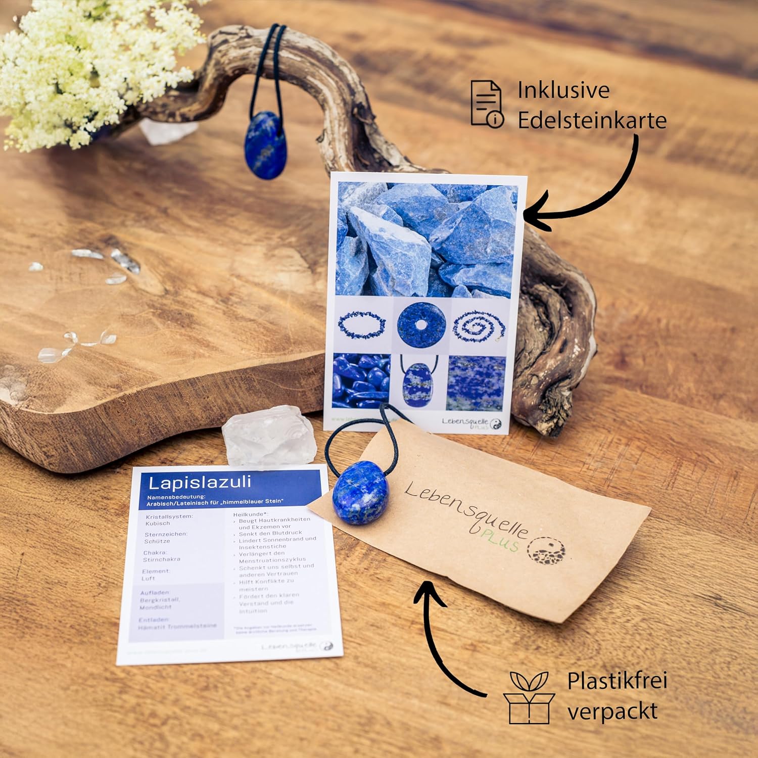 Lebensquelle Plus Lapis Lazuli Drop Pendant | Drilled Drop Tumbled Stone Pendant with Cotton Cord | High-Quality Gemstone Pendant