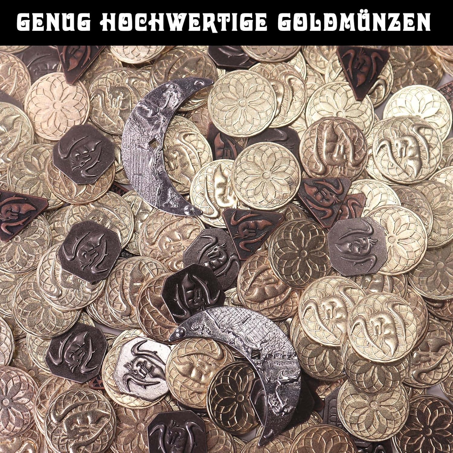 Byhoo 145pcs Metal DND Coins & Leather Case, Contains 60 Gold Coins, 40 Silver Coins, 40 Copper Coins and 5 Platinum Coins, Token with Glow in The Night Eyes Bag for RPG Tablelap Games