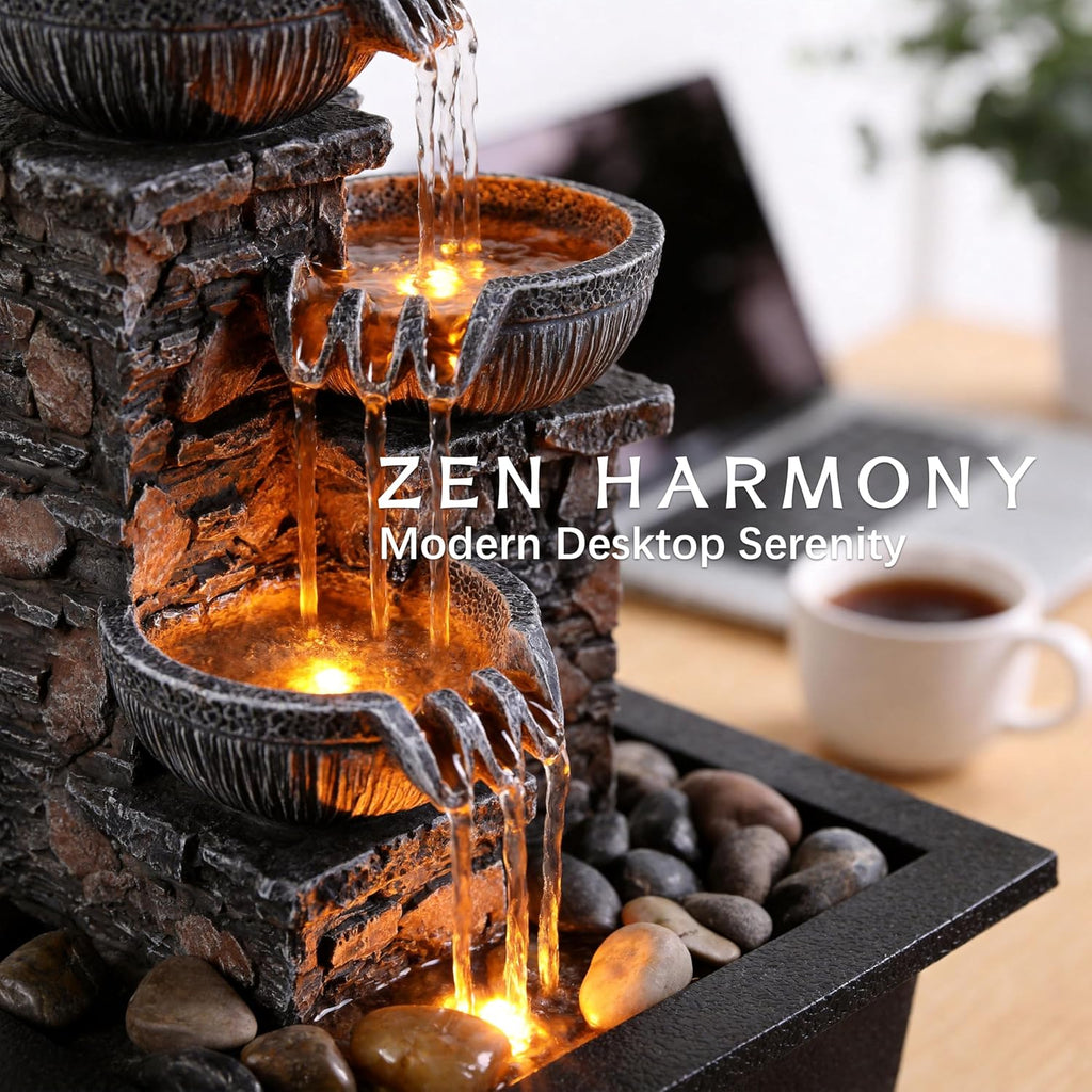 Kalona Tabletop Waterfall Fountain 3 Bowls with LED Light, Soothing Water Flow Sound, Zen Meditation Decor for Home and Office, Relaxation Water Fountains Indoor (23113)