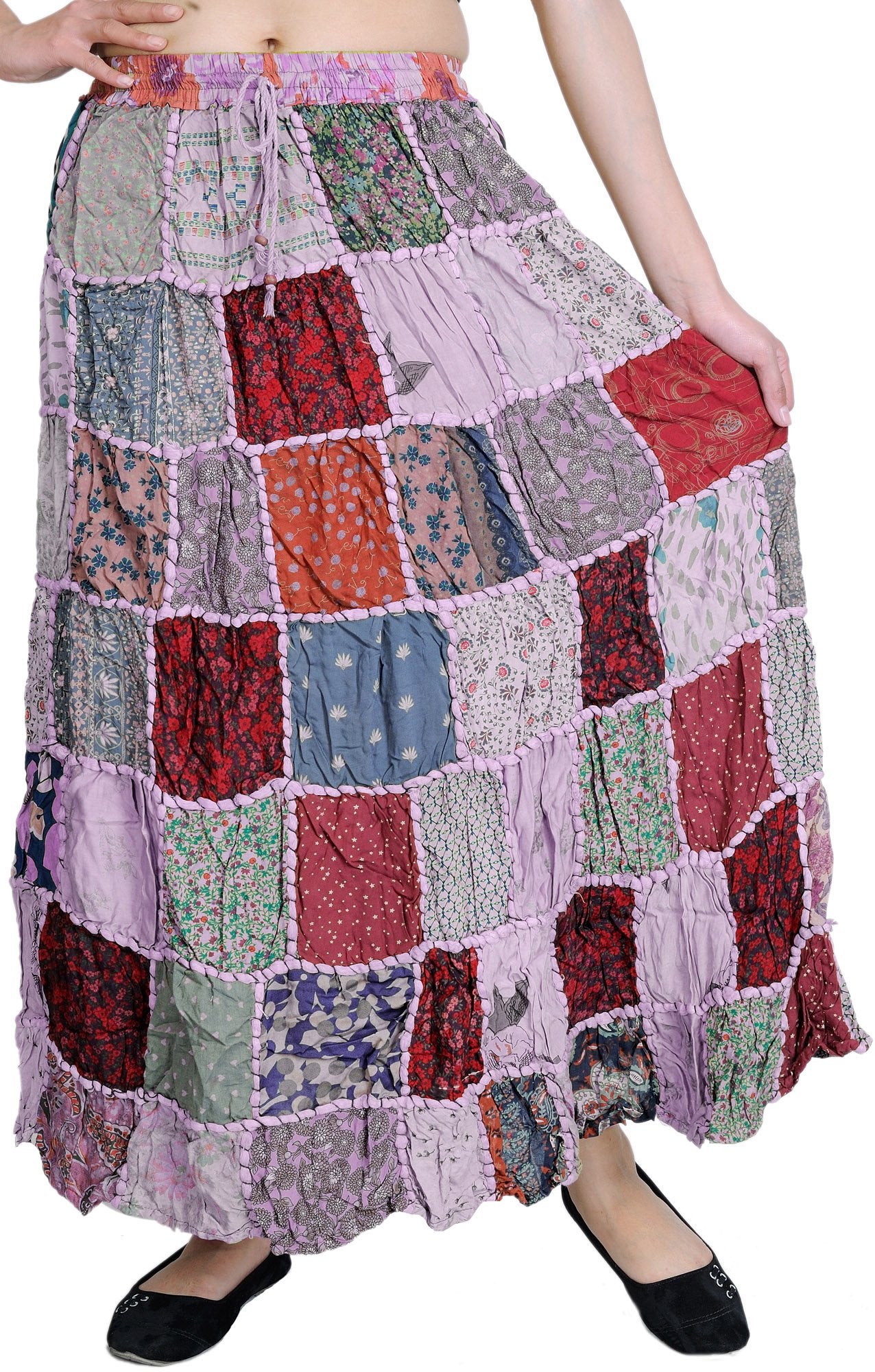 Exotic India Long Printed Dori Skirt from Gujarat with Patch Work - Rayon
