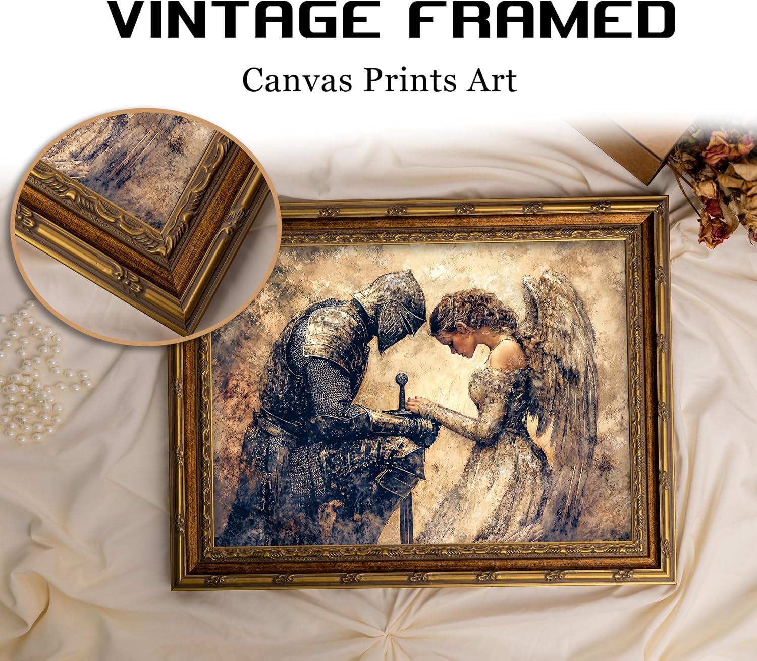 Vintage Gold Framed Medieval Knight Wall Art, Retro Fantasy Warrior Angel Oil Painting Canvas Print, Antique Gothic Romantic Wall Decor, Dark Academia Poster Artwork for Bedroom Living Room