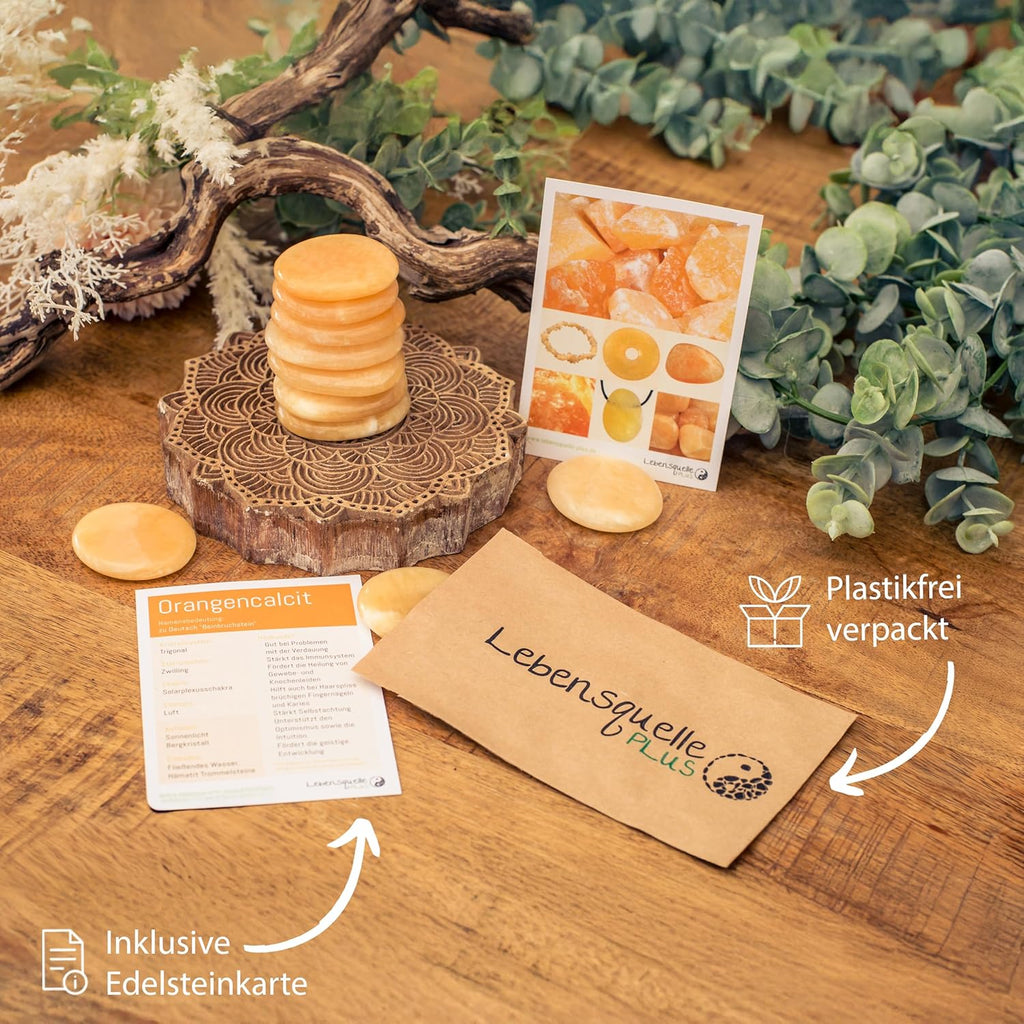 Orange Calcite Gemstone Disc Stone 3-5 cm + Gemstone Card | Worry Stone Pocket Stone Massage Stone | Lebensquelle Plus