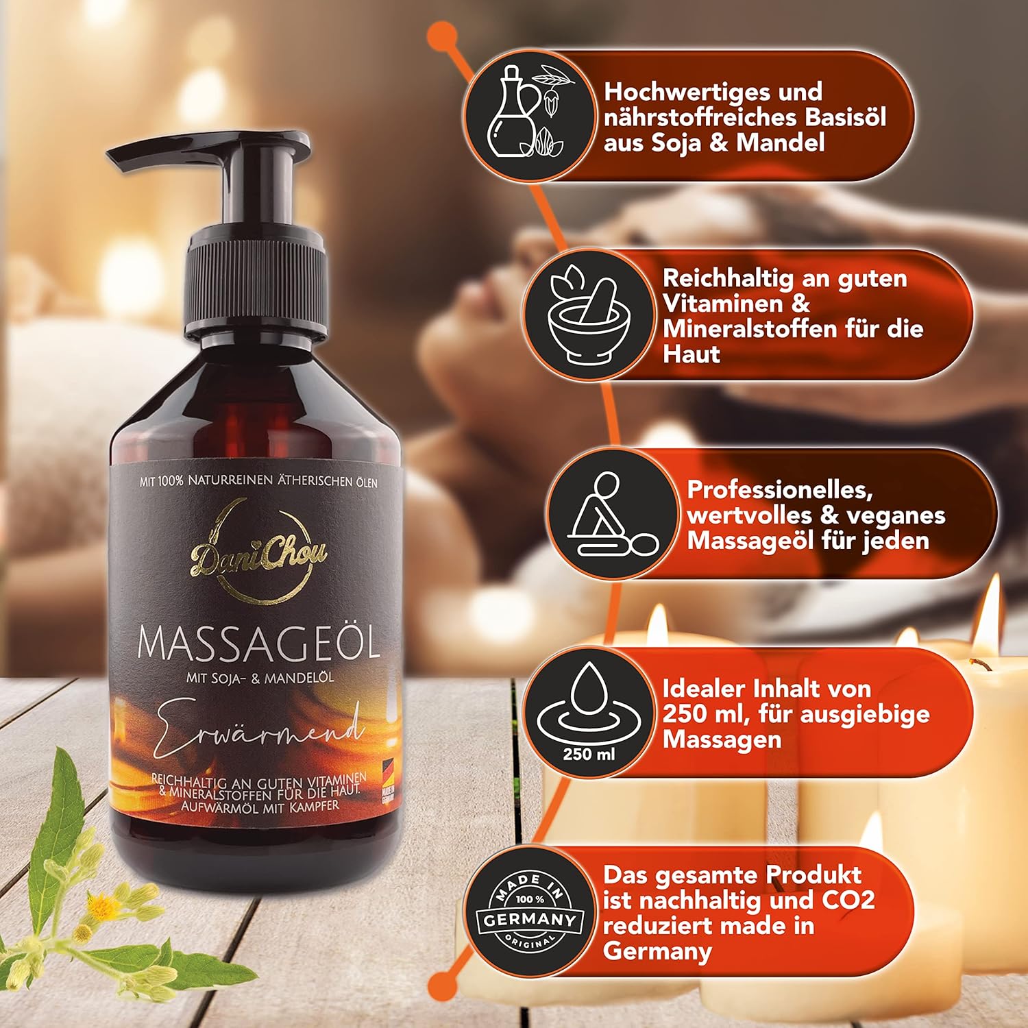 DaniChou Massage Oil Warming 250 ml - With Soy Oil & Almond Oil - Direct Warming, Relaxing Feeling - 100% Natural Cosmetics & Essential Oils - Massage Oil with Camphor - For Intense Relaxation