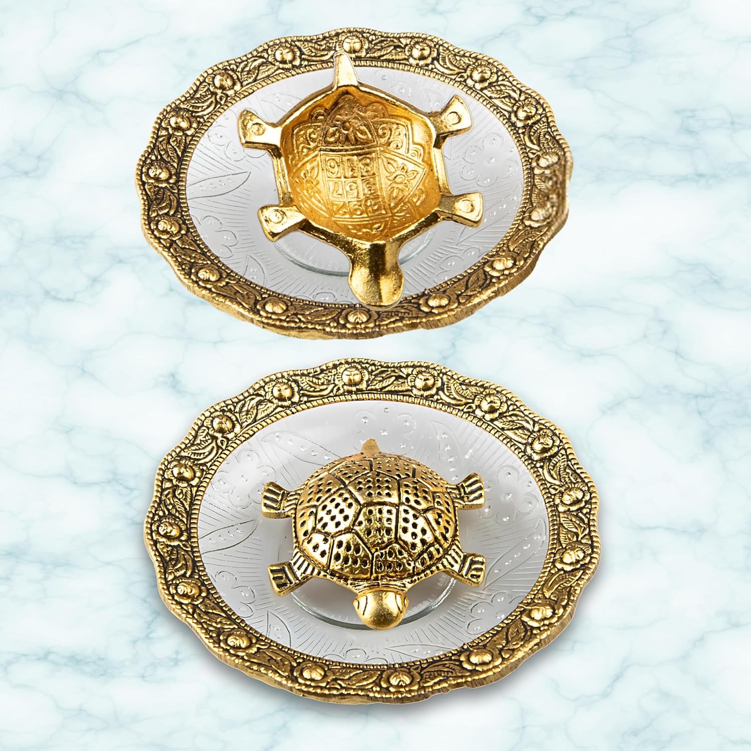 Wonder Care Feng Shui Turtle Statue in Glass Top Sculpted in Great Details in Ivory Antique Finish - Idol for Car | Home Decoration | Gift | Turtle Plate 12.7 cm Turtle Plate_5''''
