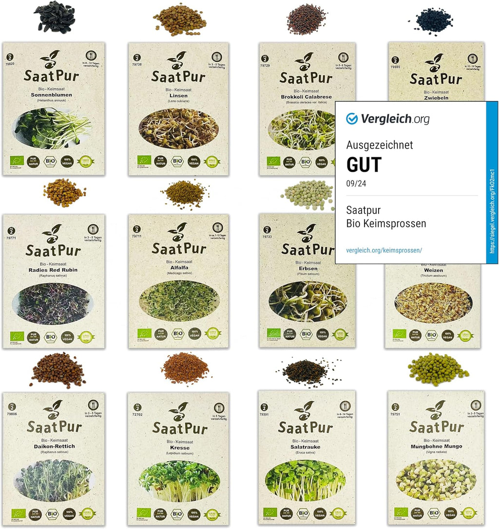 SaatPur Bio Sprossen Samen Set (12 Sorten) Weizen, Sonnenblumen, Zwiebeln, Linsen, Kresse, Alfalfa, Brokkoli, Rauke, Daikon Rettich, Mung Bohnen, Radies Red Rubin, Erbsen.