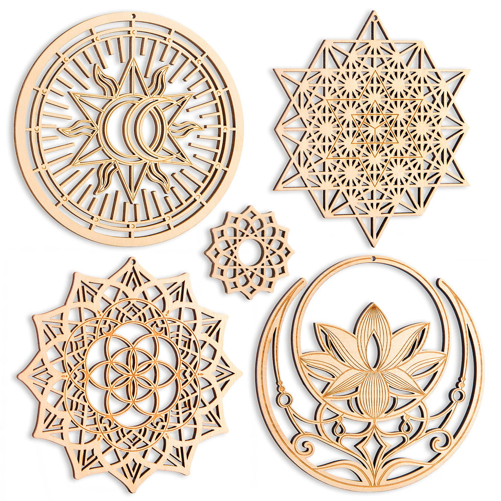 13.5 cm Heilige Geometrie Wandkunst, 4-teiliges Set, Meditationsdekoration (das Auge des Horuss, die Blume des Lebens, der Baum des Lebens, Metatron's Cube), Holzkunst-Set, spirituelle Geschenke (B)