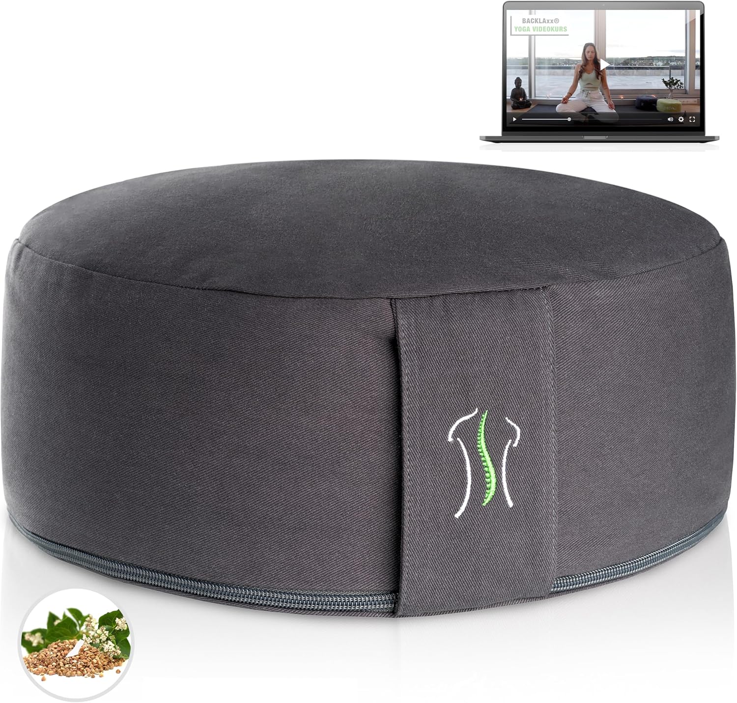 BACKLAXX ® Yoga Kissen, Meditationskissen XL Ø35cm [30% mehr Sitzfläche], 15cm hoch mit Buchweizenfüllung, perfektes Meditation Zubehör, Yogakissen rund inkl. Videokurs - Pouf Sitzkissen Boden