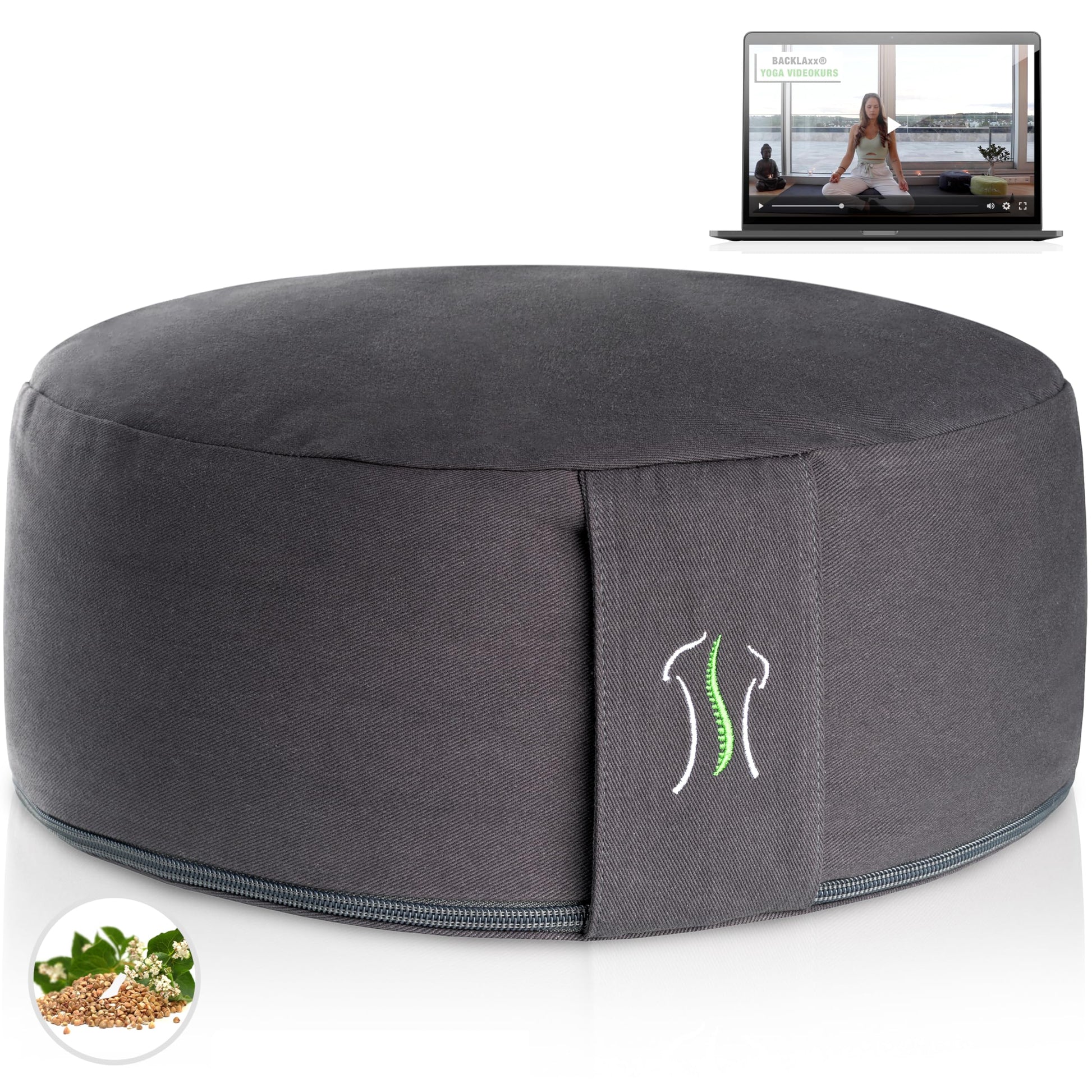 BACKLAXX ® Yoga Kissen, Meditationskissen XL Ø35cm [30% mehr Sitzfläche], 15cm hoch mit Buchweizenfüllung, perfektes Meditation Zubehör, Yogakissen rund inkl. Videokurs - Pouf Sitzkissen Boden
