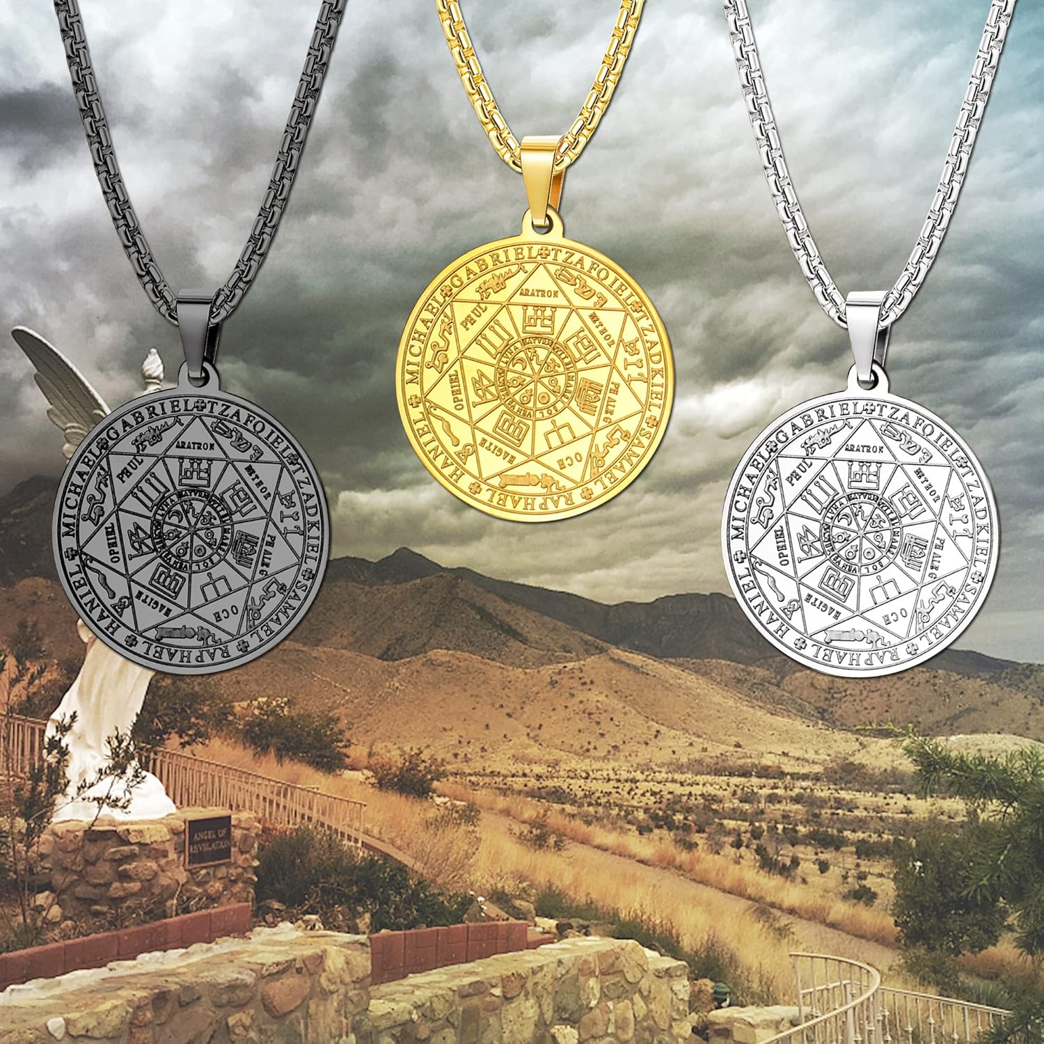JeweBella Halskette Herren 7 Erzengel Siegel Medaille Talisman Halskette für Männer Frauen Edelstahl Pentagramm Talisman Anhänger Amulett Magische Schutzkette Männlicher Schmuck Glücksbringer