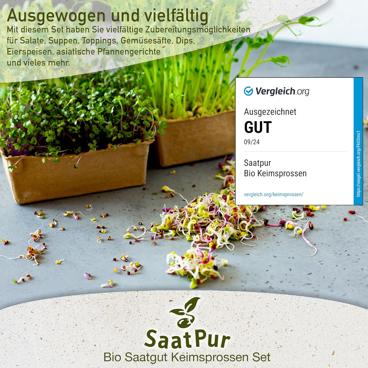 SaatPur Bio Sprossen Samen Set (12 Sorten) Weizen, Sonnenblumen, Zwiebeln, Linsen, Kresse, Alfalfa, Brokkoli, Rauke, Daikon Rettich, Mung Bohnen, Radies Red Rubin, Erbsen.